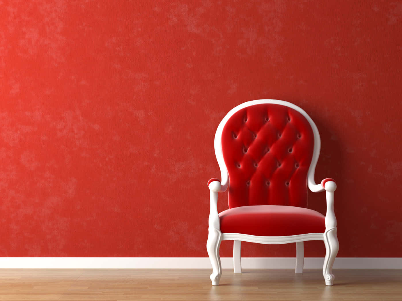 red tufted armchair, white ornate legs, textured red wall, HD Desktop Wallpaper