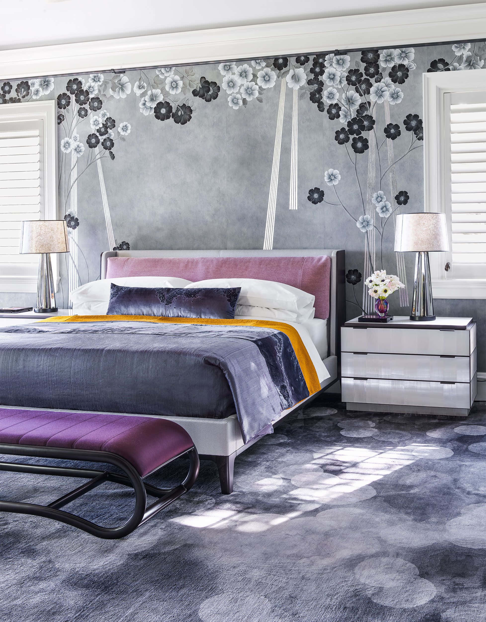 bed, purple velvet headboard, gray bedding, Full HD Phone Wallpaper