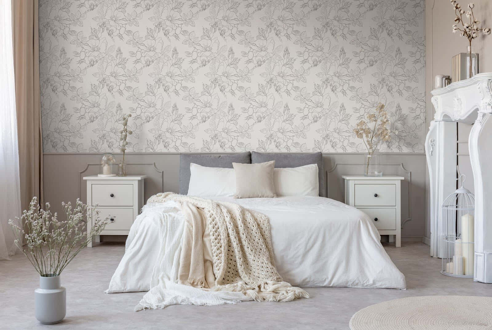 white crochet linen, cream knit throw, grey botanical wallpaper, HD Desktop Wallpaper