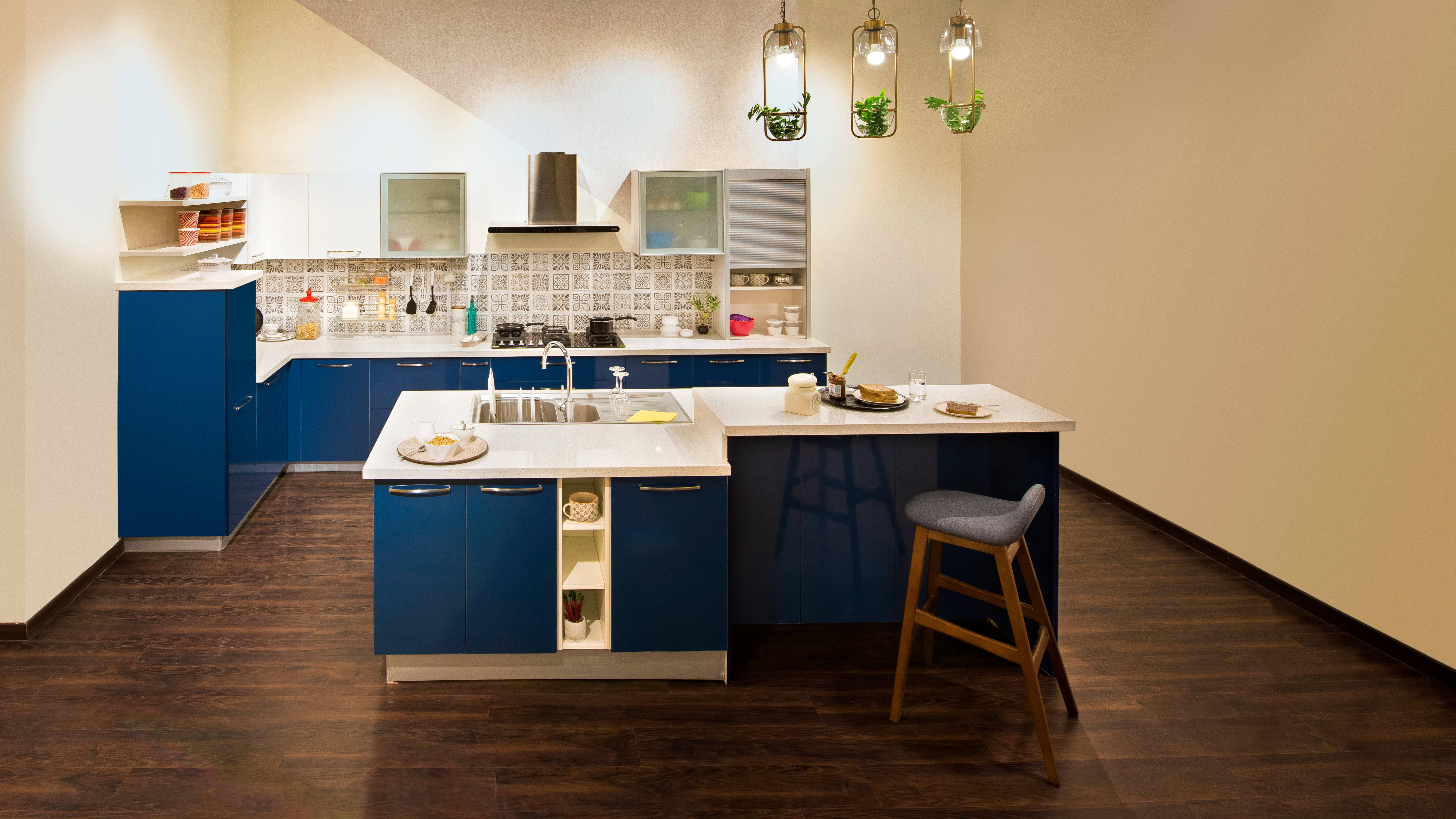 blue cabinets, white countertops, hanging plants, 5K Desktop Wallpaper