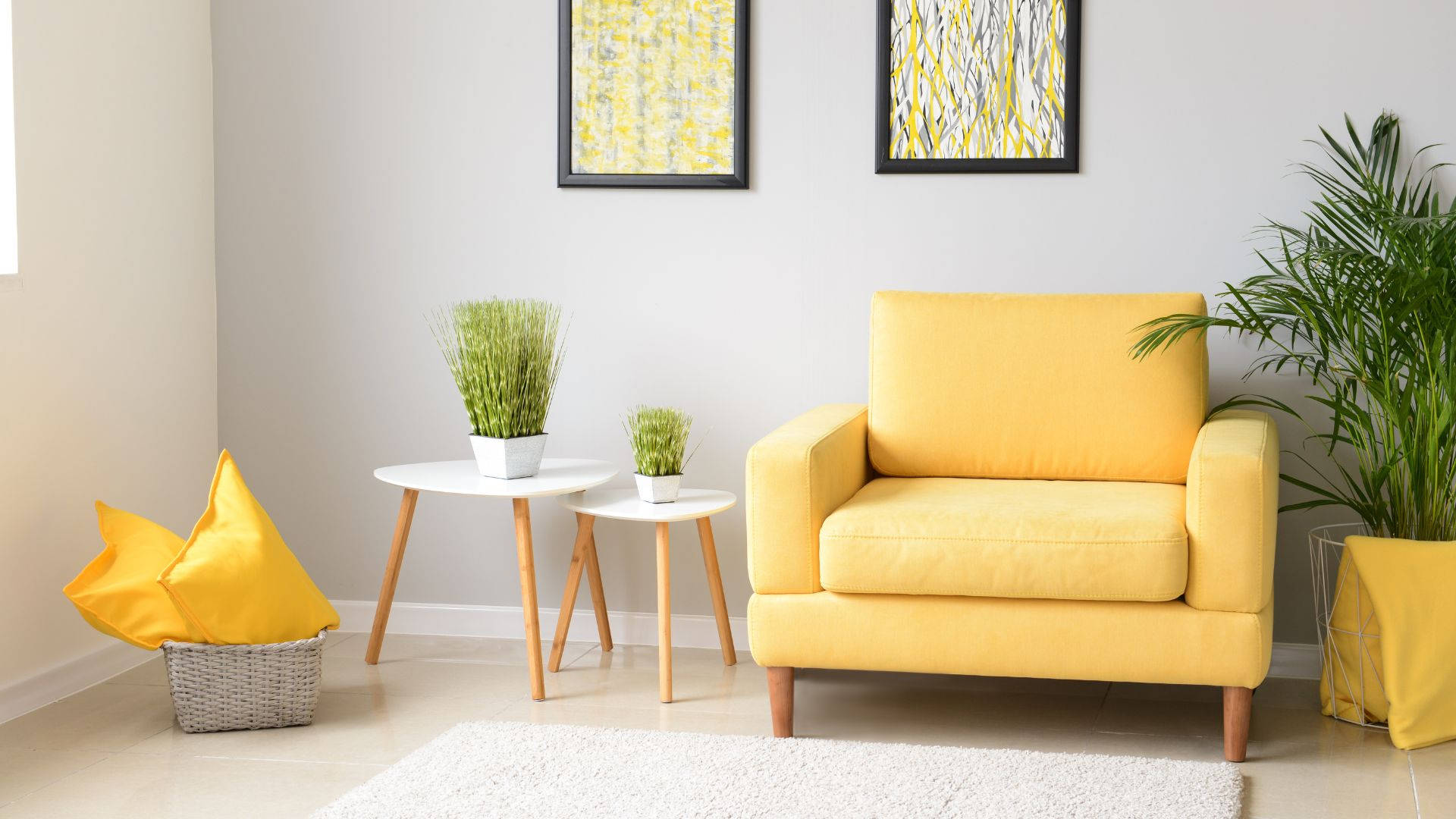 bright yellow armchair, minimalist living room, white walls, Full HD Desktop Wallpaper