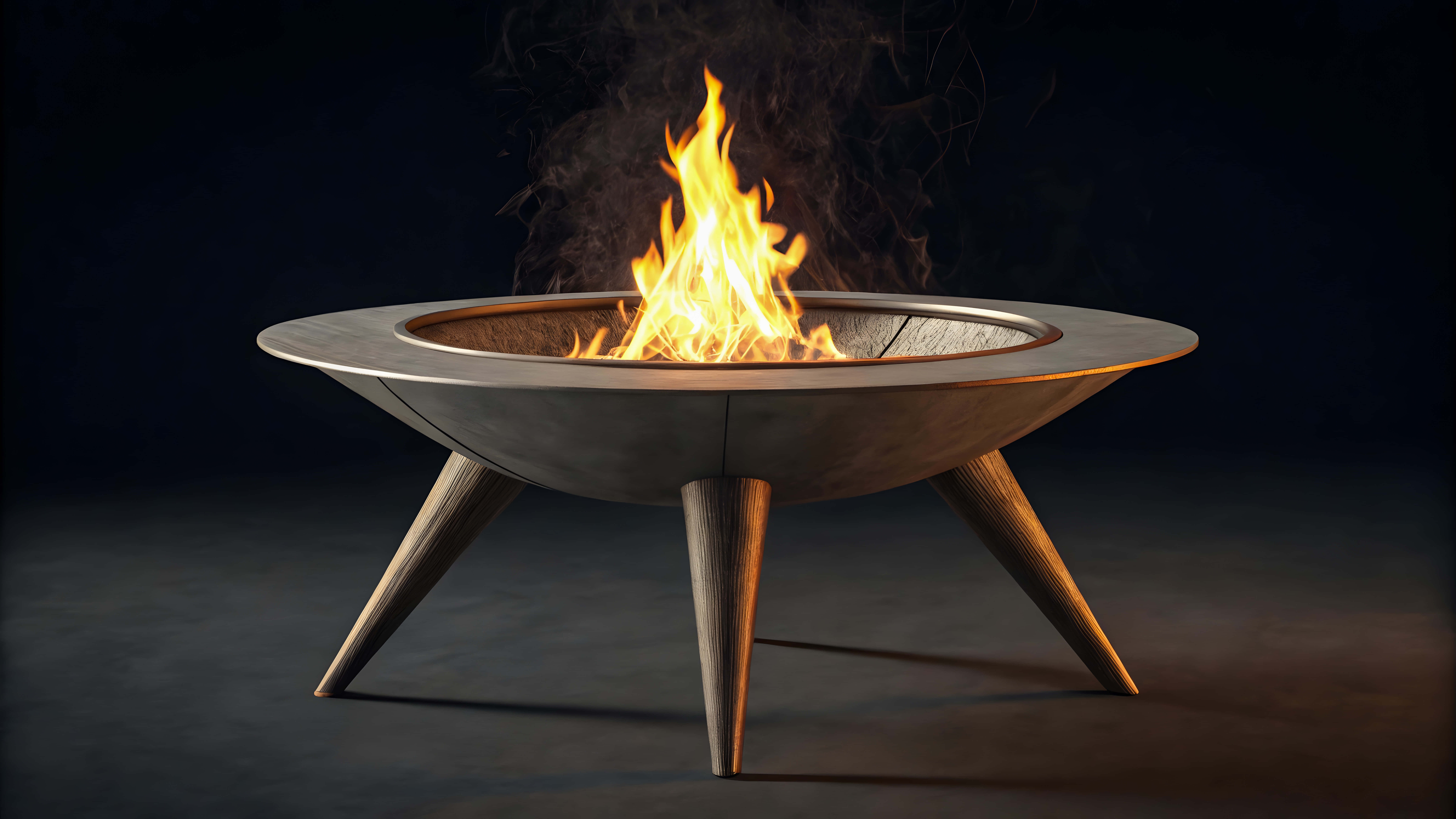 modern metallic fire pit, four tapered legs, burning flames, 8K Desktop Wallpaper