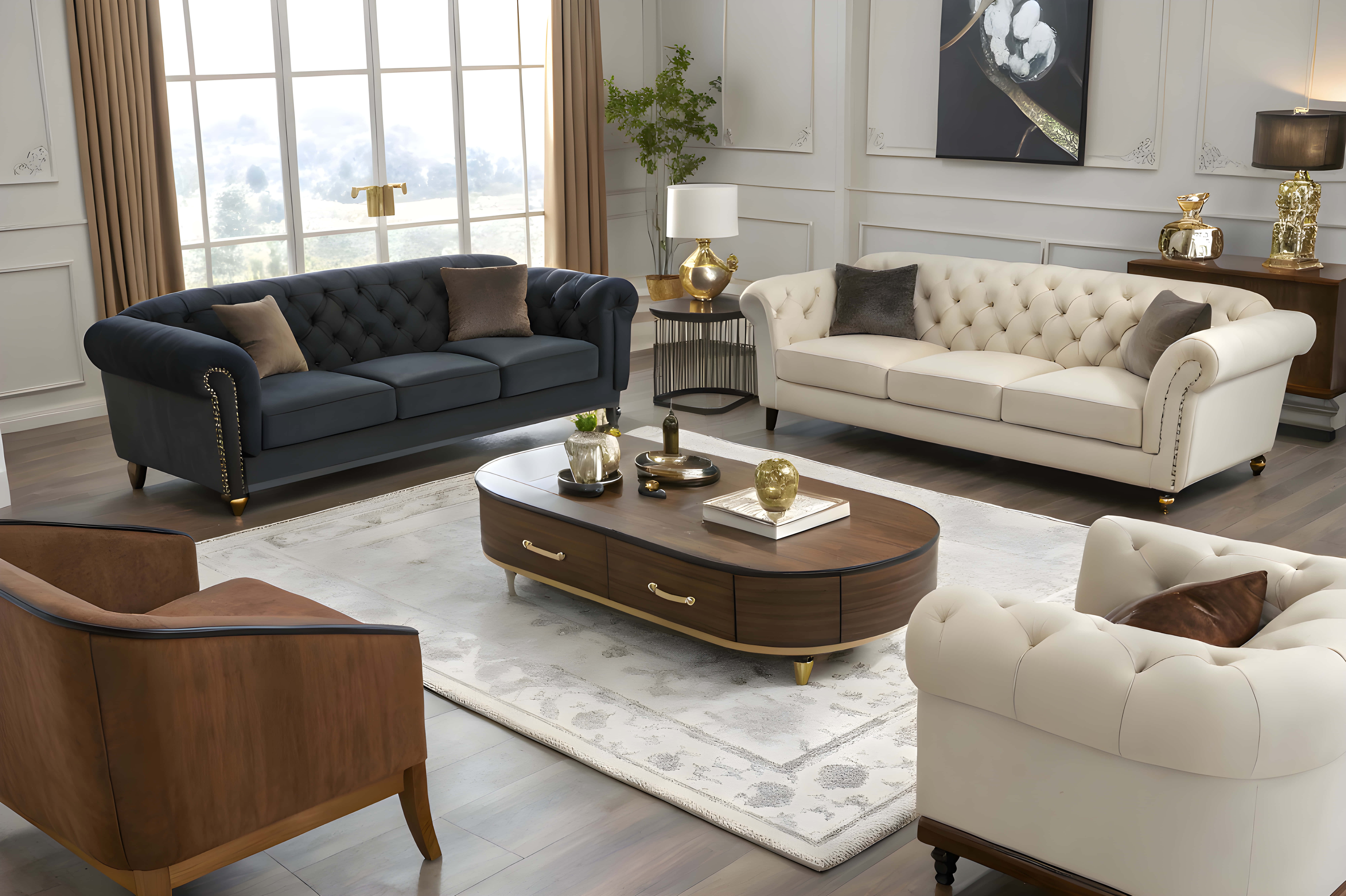 navy, cream, tufted sofas, 8K Desktop Wallpaper