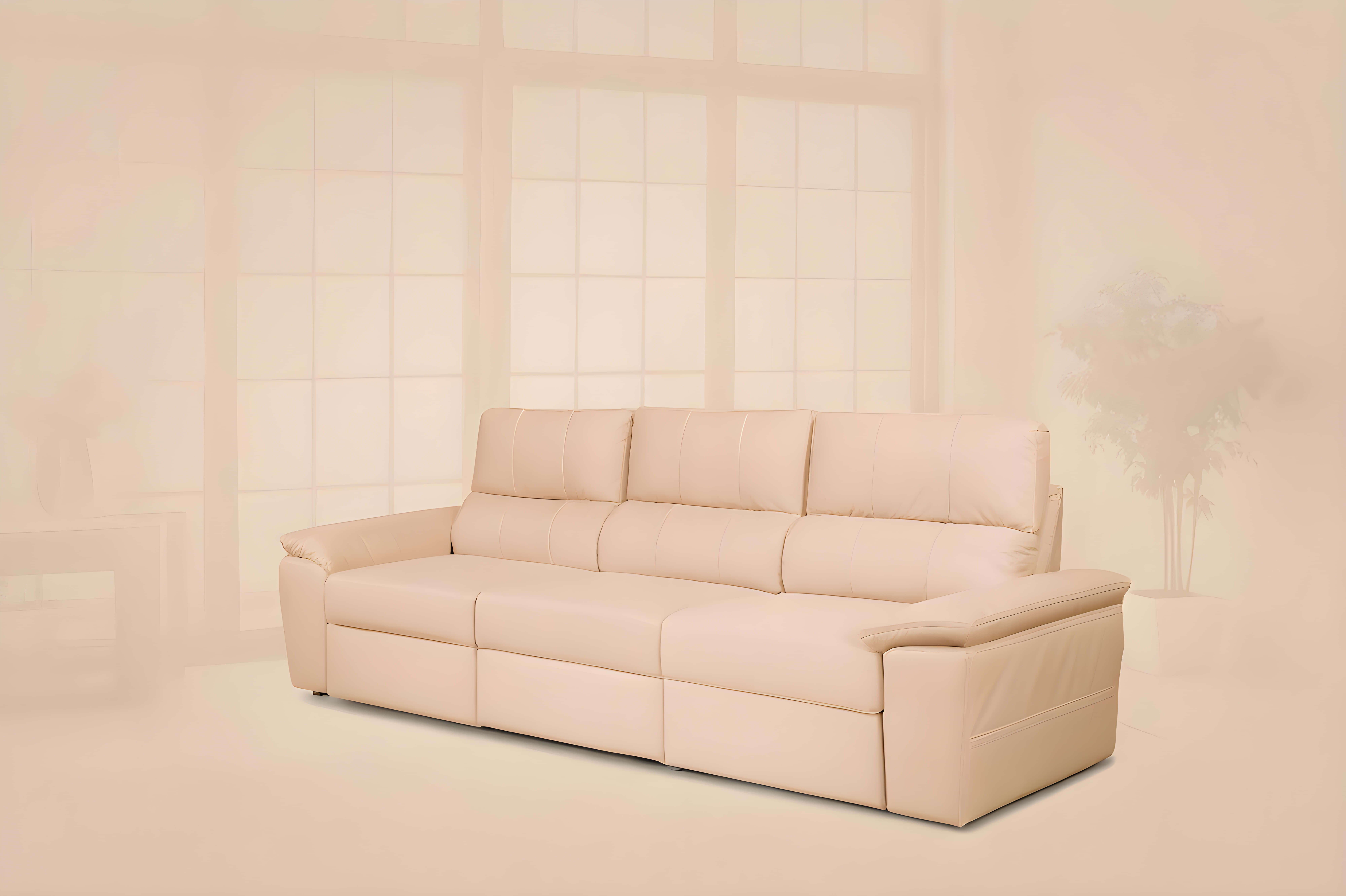 beige leather sectional sofa, tufted back cushions, minimalist room, 8K Desktop Wallpaper