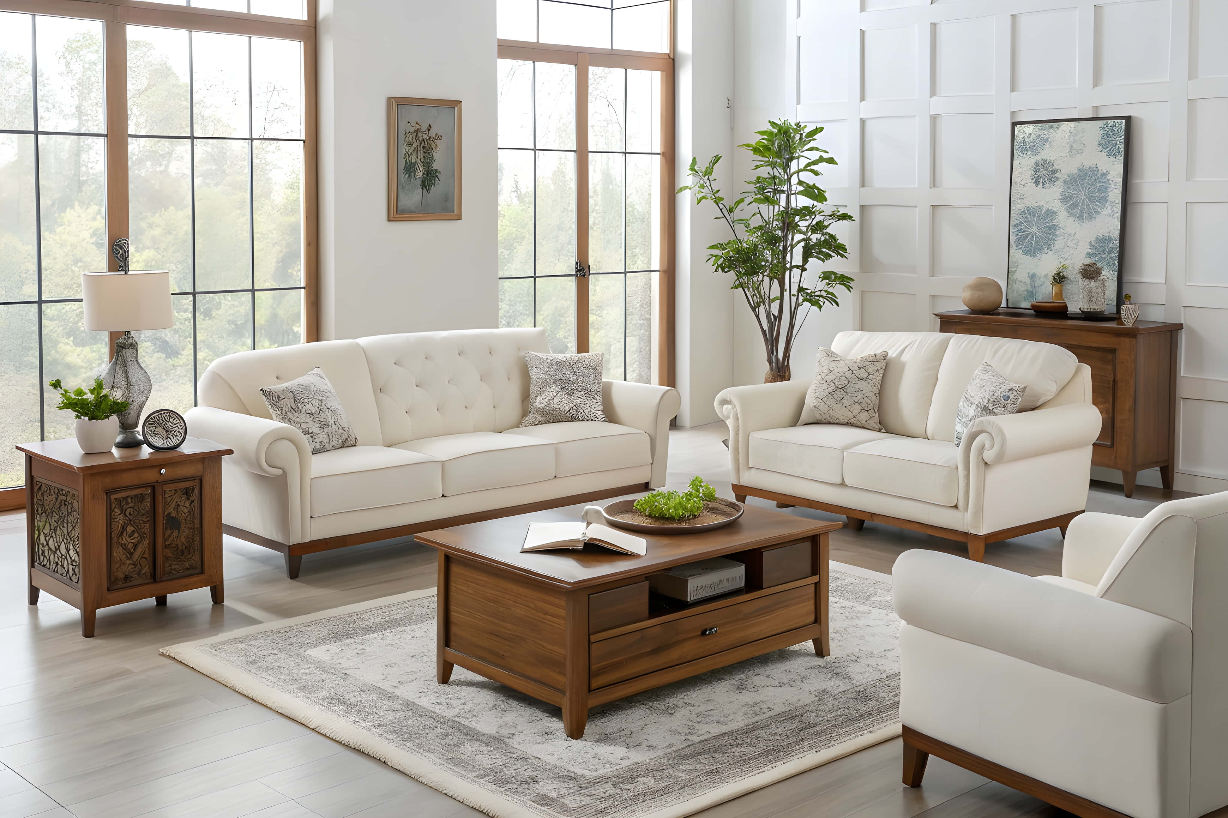 white tufted sofas, wooden coffee table, large windows, 4K Desktop Wallpaper