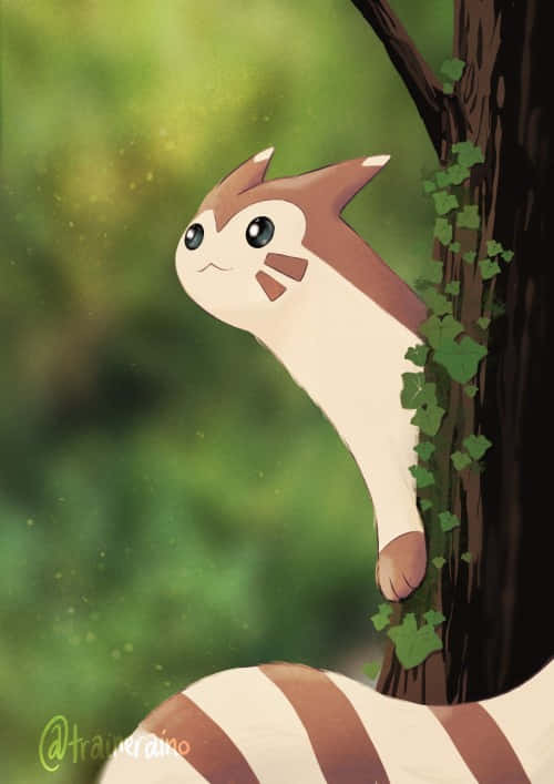 Furret, tree trunk, green ivy, SD Phone Wallpaper