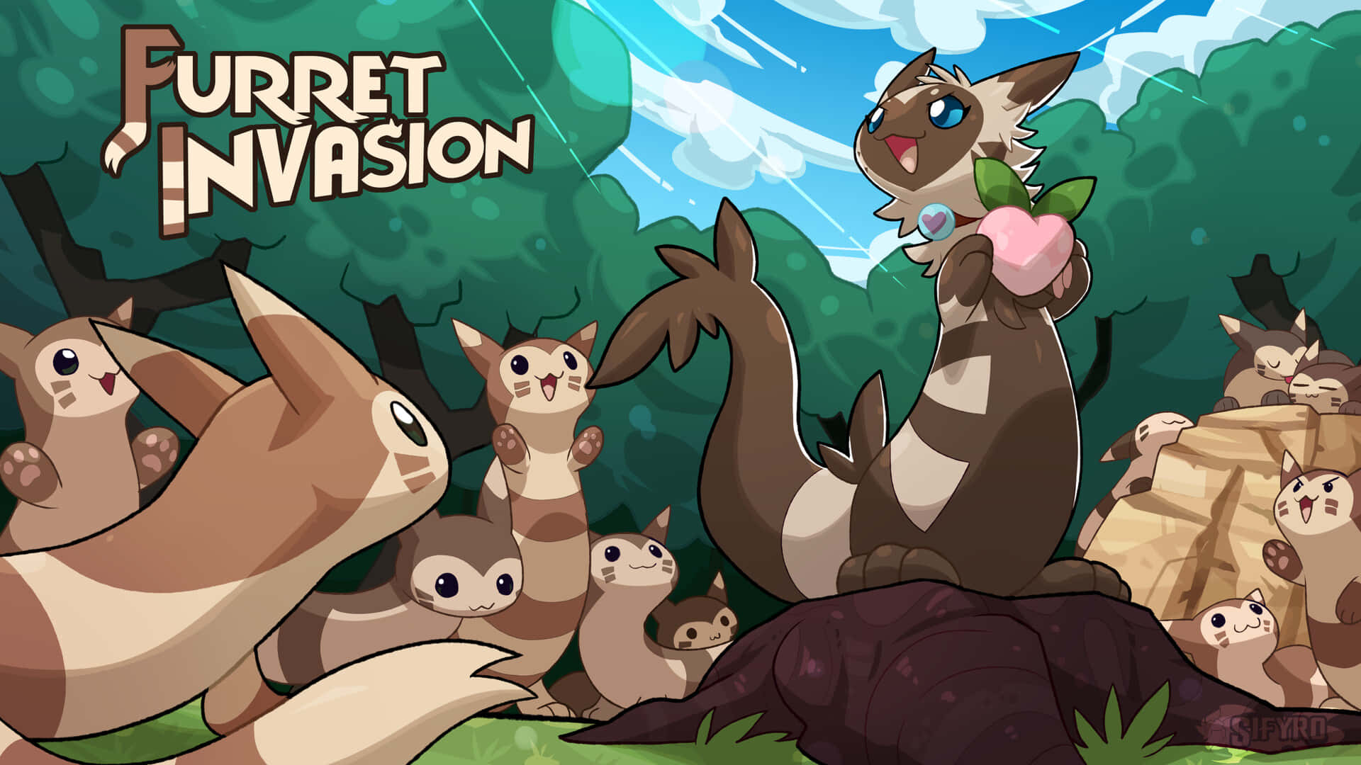 Furret, pink heart, forest, Full HD Desktop Wallpaper