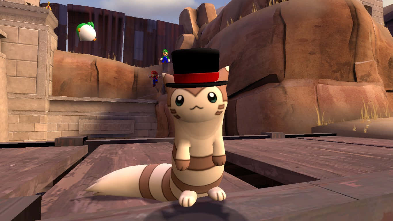Furret, top hat, wooden planks, HD Desktop Wallpaper
