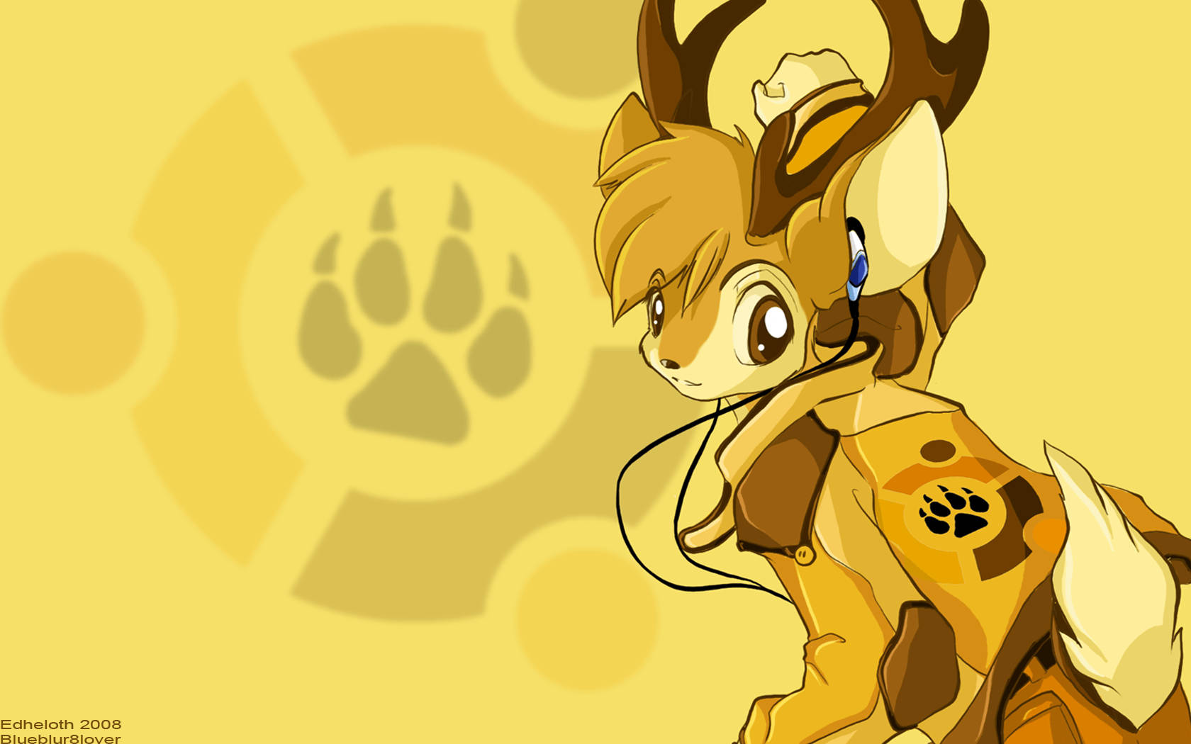 yellow furry anthropomorphic deer, yellow jacket, paw print emblem, HD Desktop Wallpaper