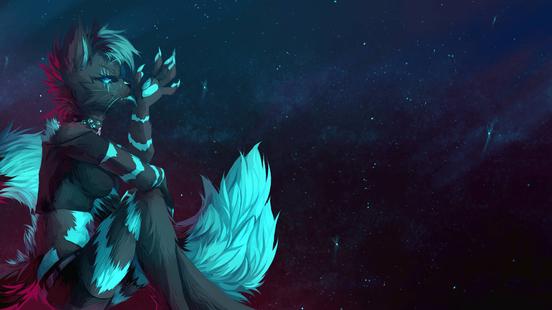 furry fox, glowing cyan fur, red accents, Full HD Desktop Wallpaper