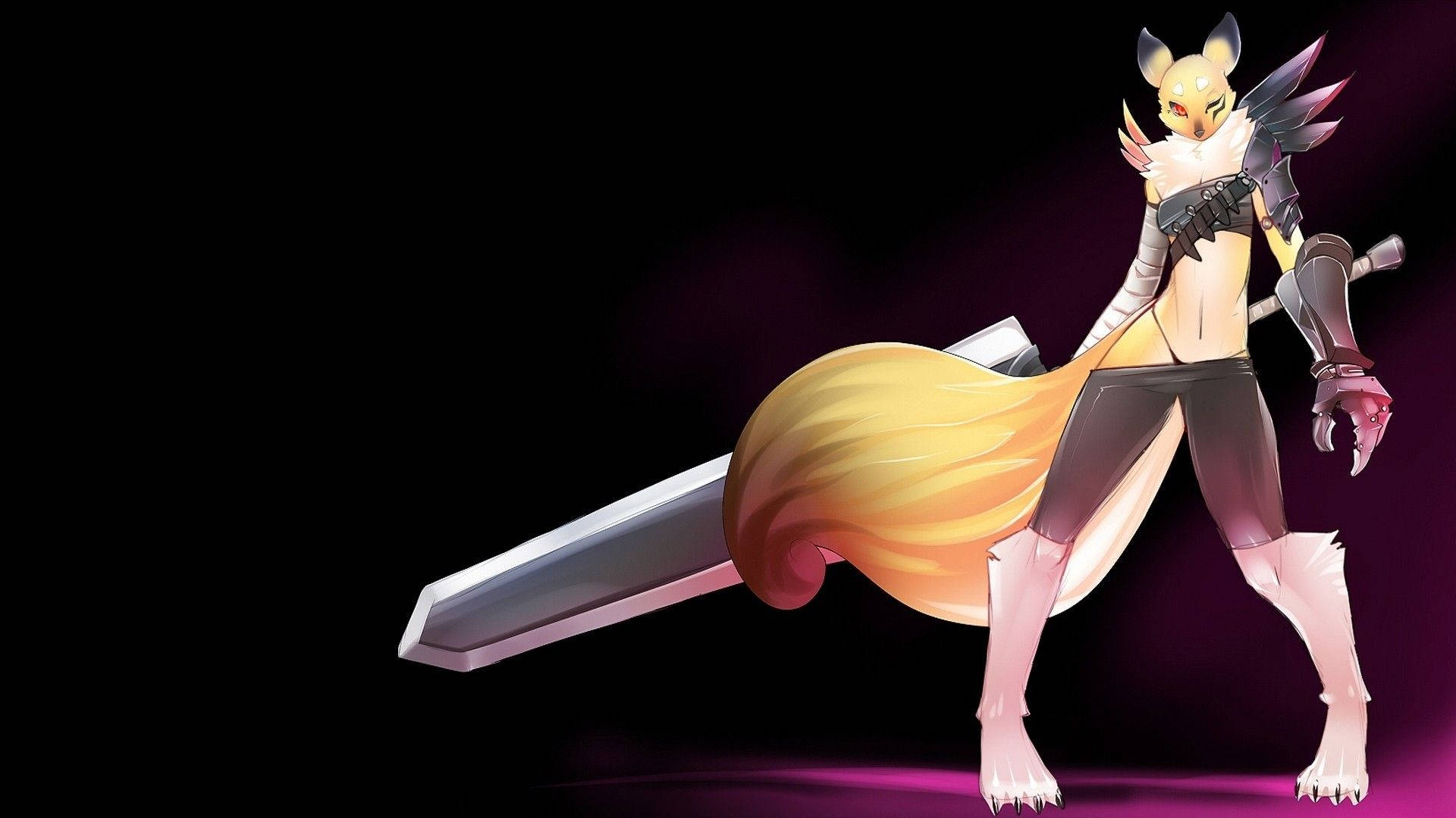anime fox warrior, long golden tail, massive sword, Full HD Desktop Wallpaper