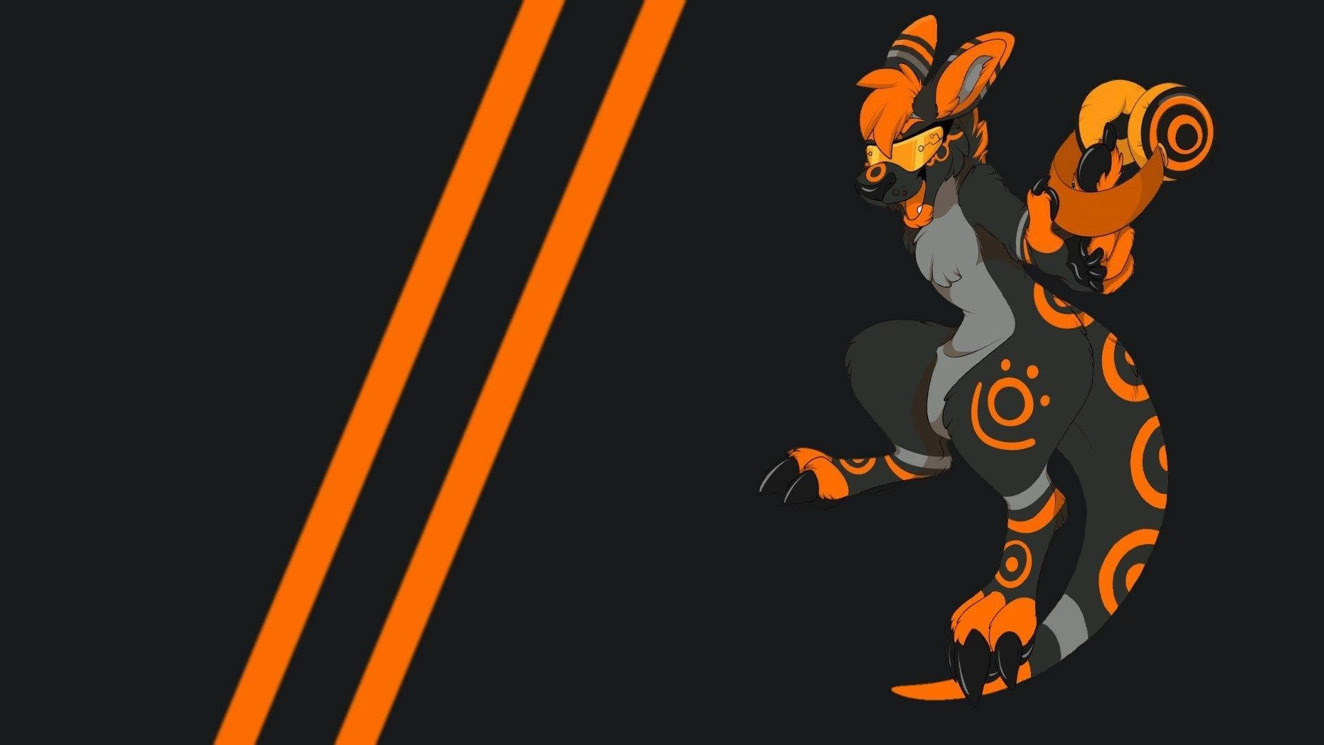orange and black anthropomorphic fox, circular patterns, bold diagonal orange stripes, Full HD Desktop Wallpaper