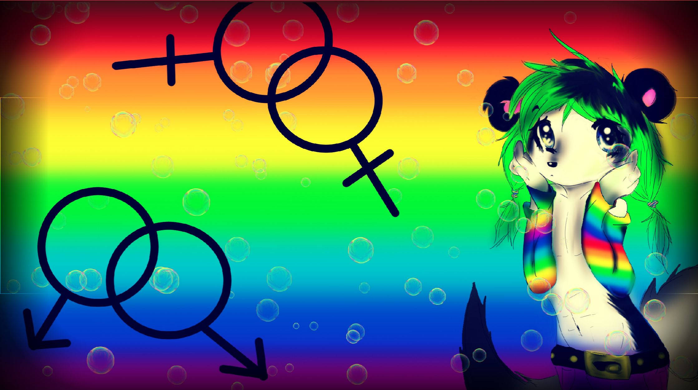 rainbow furry wolf character, gender symbols, green-haired anime girl, Full HD Desktop Wallpaper