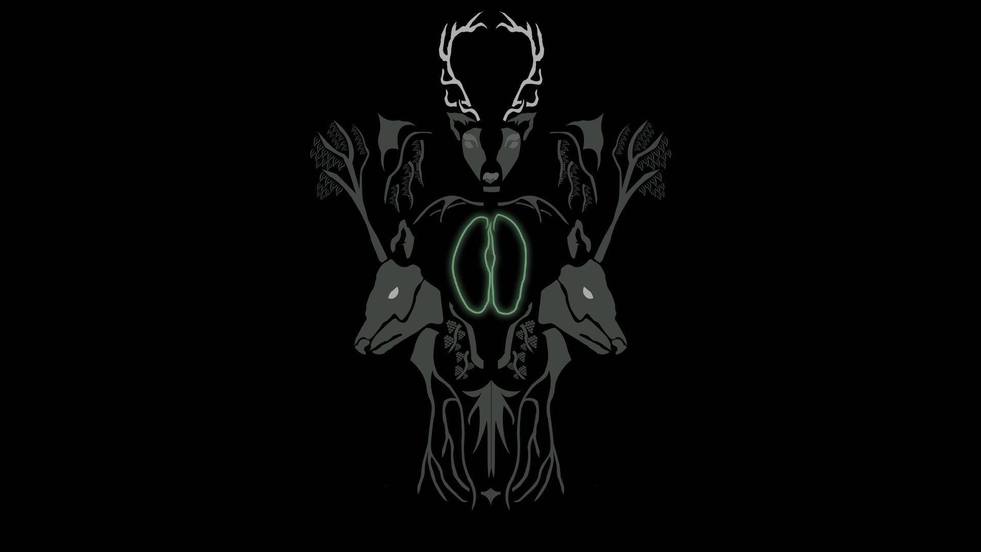 furry demon symbol, deer-headed figure, glowing green eyes, Full HD Desktop Wallpaper