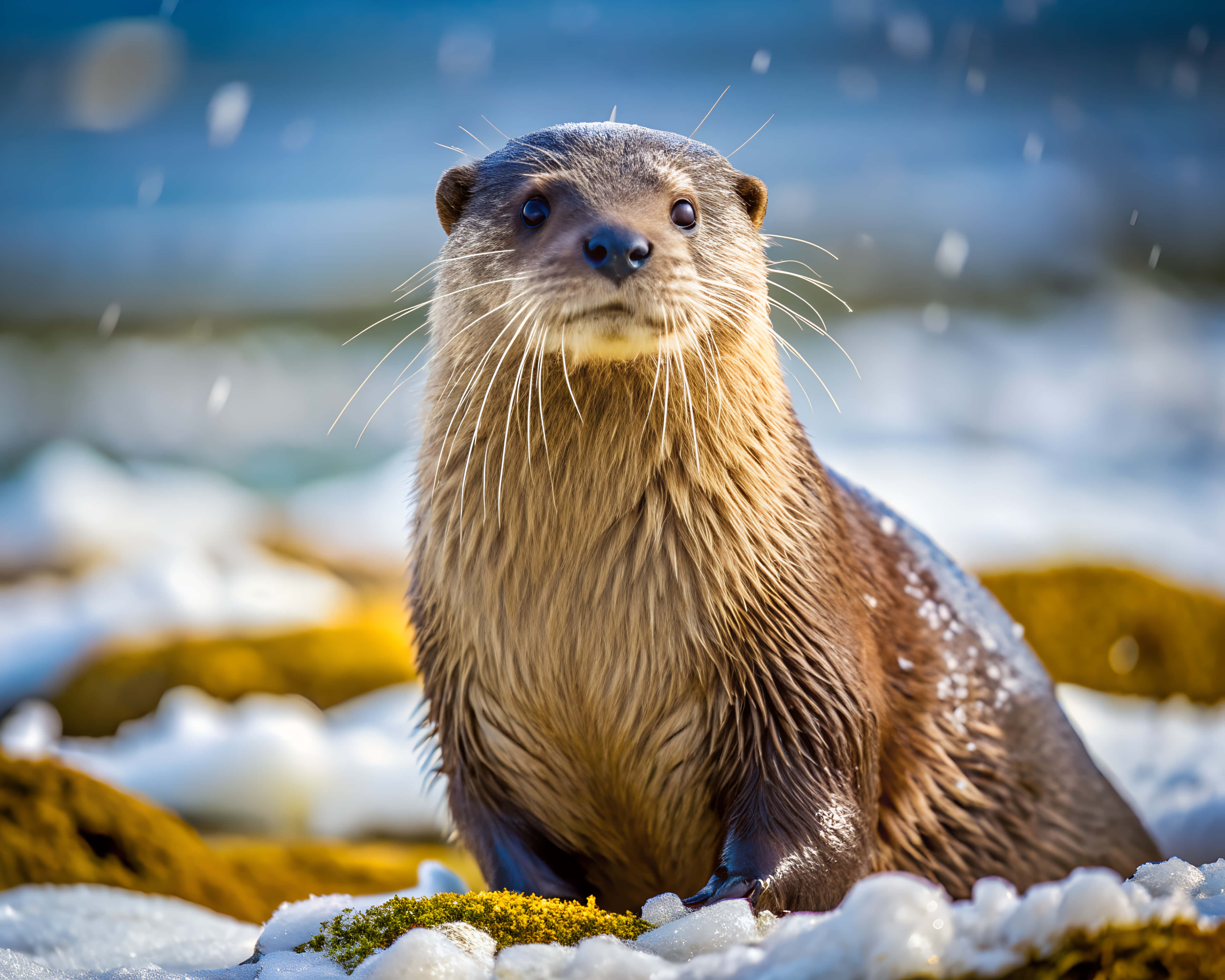 otter, snow, snowy rocks, 4K Desktop Wallpaper