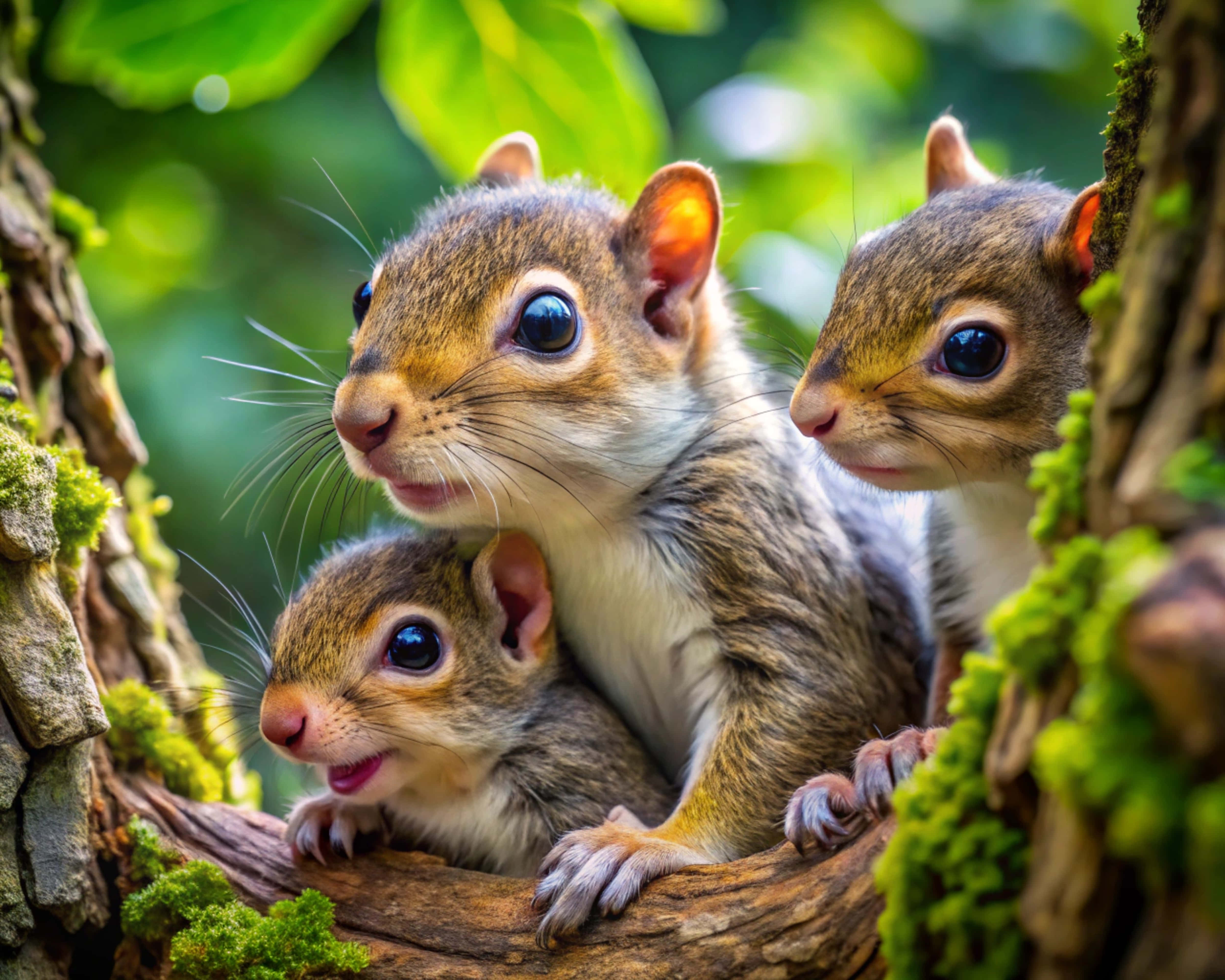 baby squirrels, mossy tree branch, sunlit forest, 4K Desktop Wallpaper