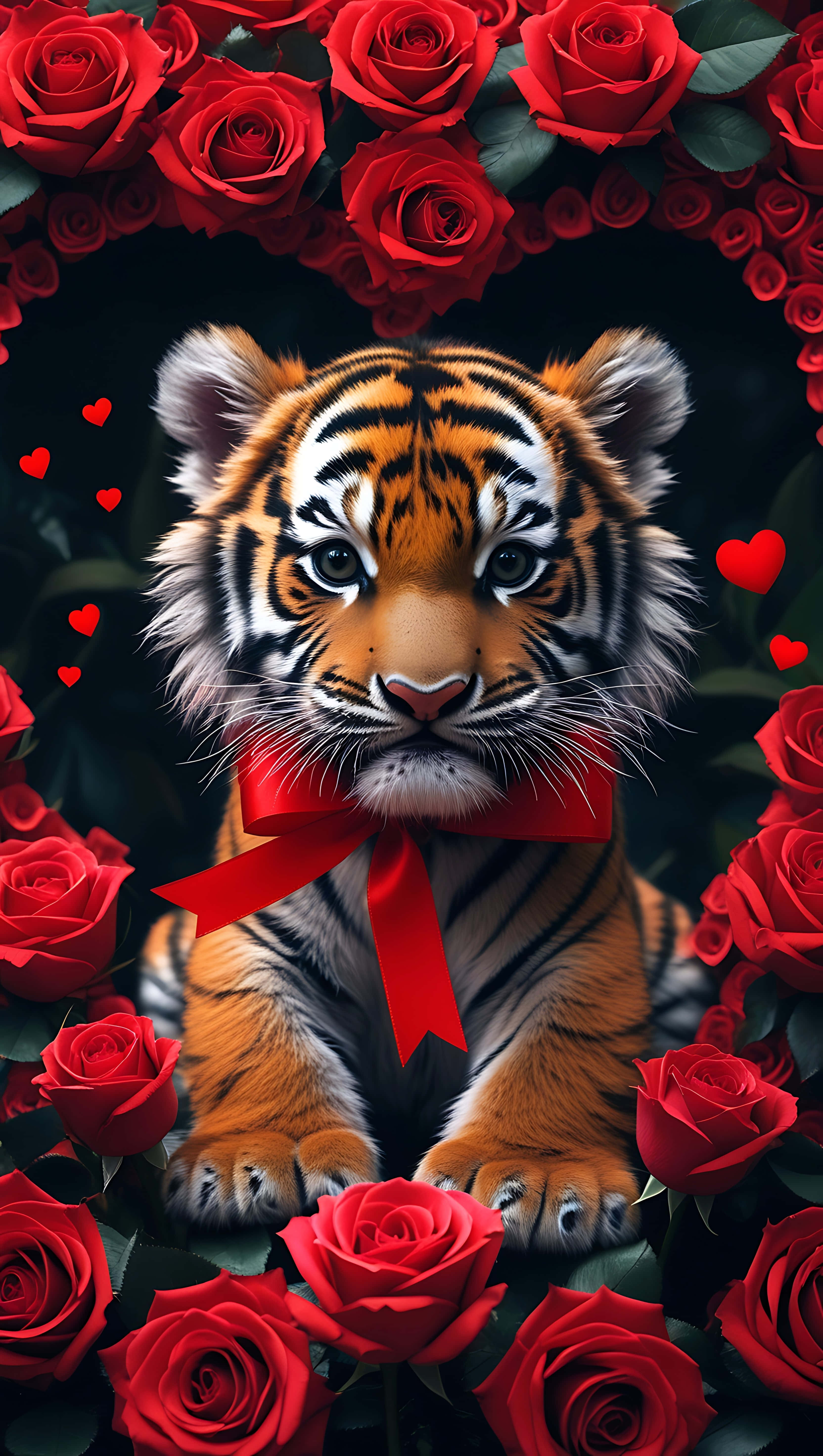 baby tiger, red ribbon, vibrant red roses, 5K Phone Wallpaper