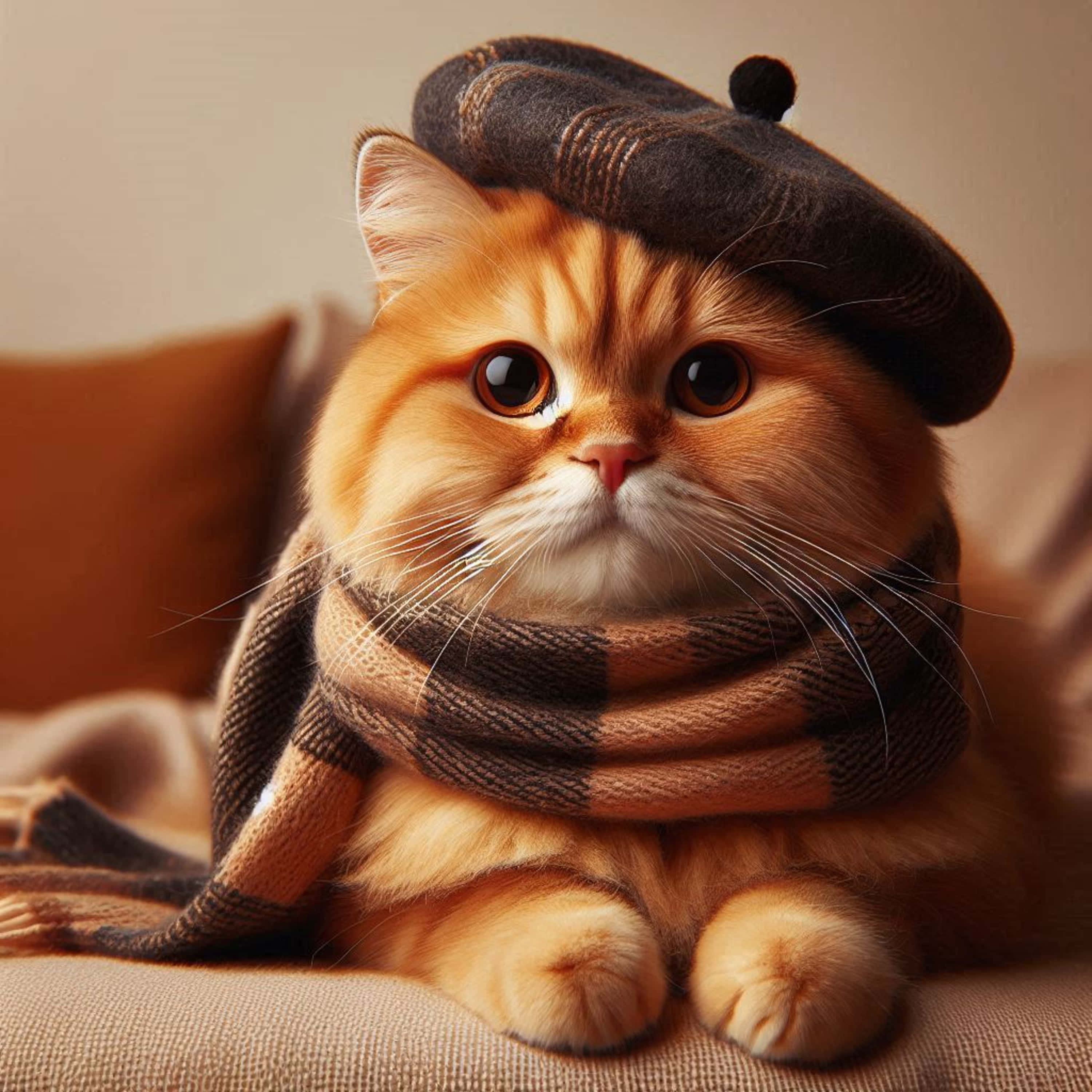 caramel cat, plaid scarf, brown beret, 2K Desktop Wallpaper