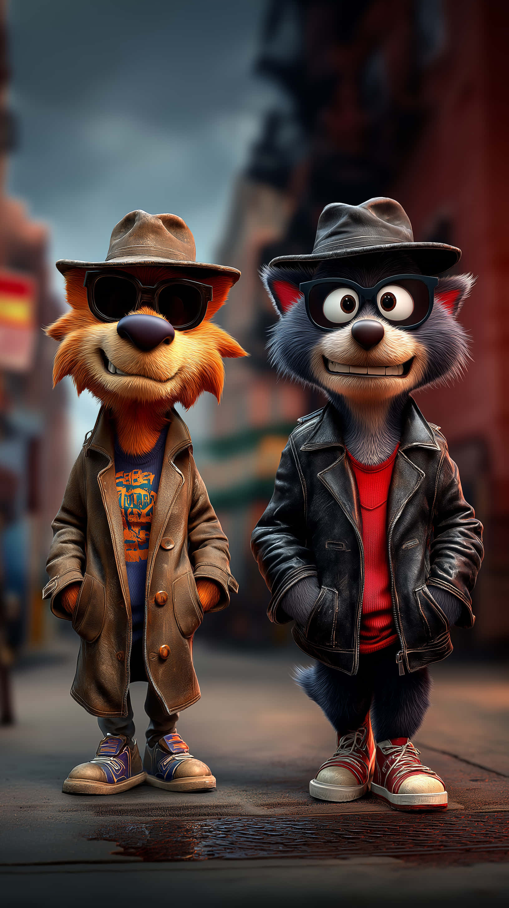 urban animal duo, anthropomorphic fox, anthropomorphic wolf, 2K Phone Wallpaper