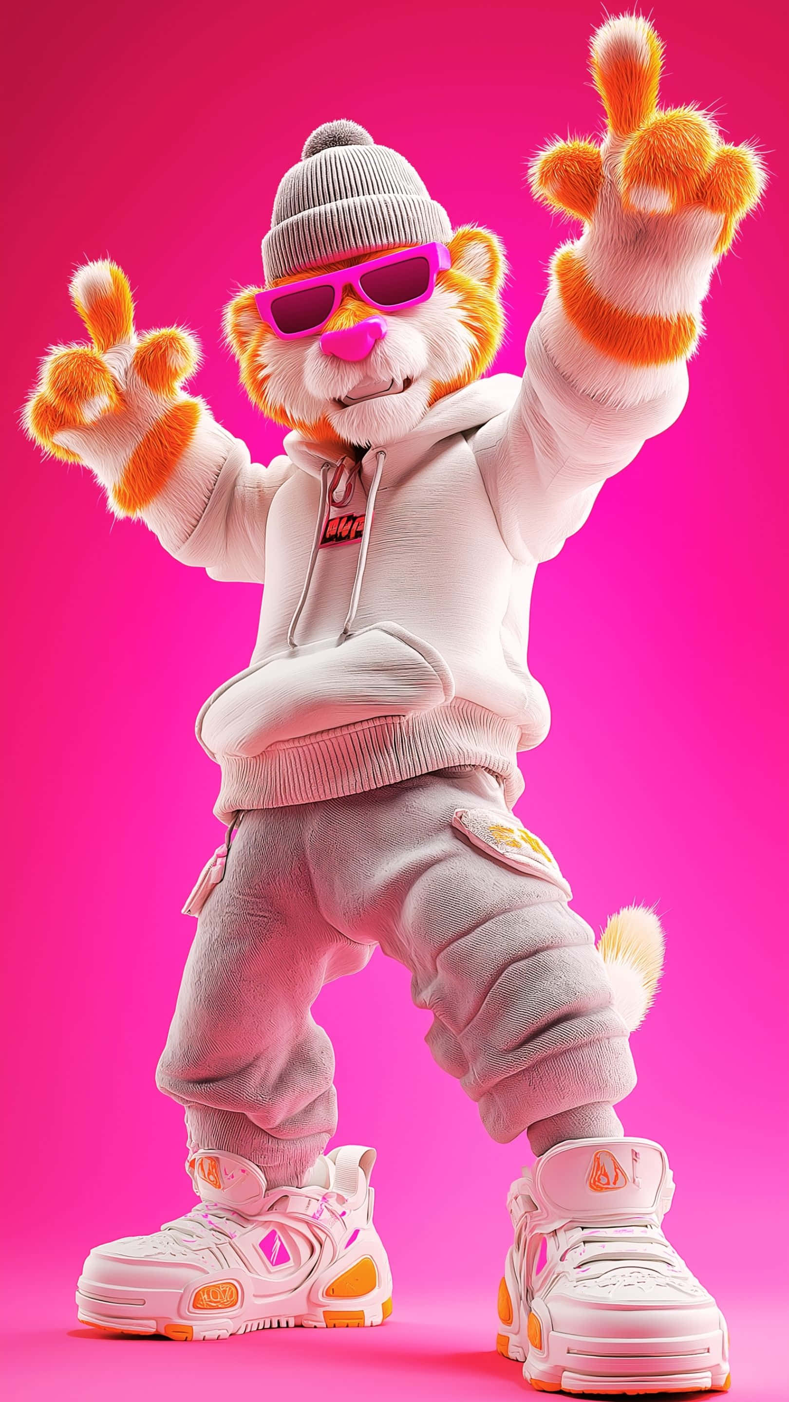 tiger mascot character, beanie, pink shades, 2K Phone Wallpaper