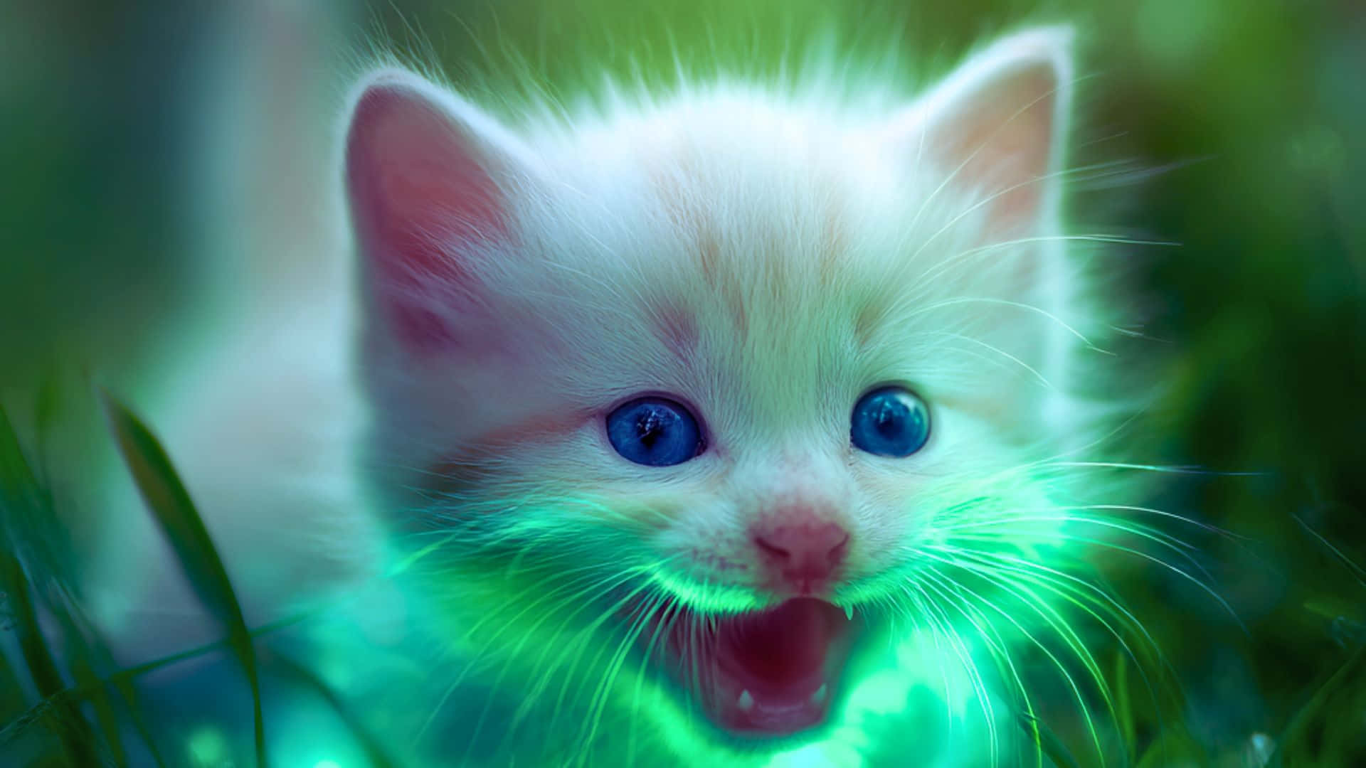 fluffy white kitten, glowing blue eyes, neon green fur, Full HD Desktop Wallpaper