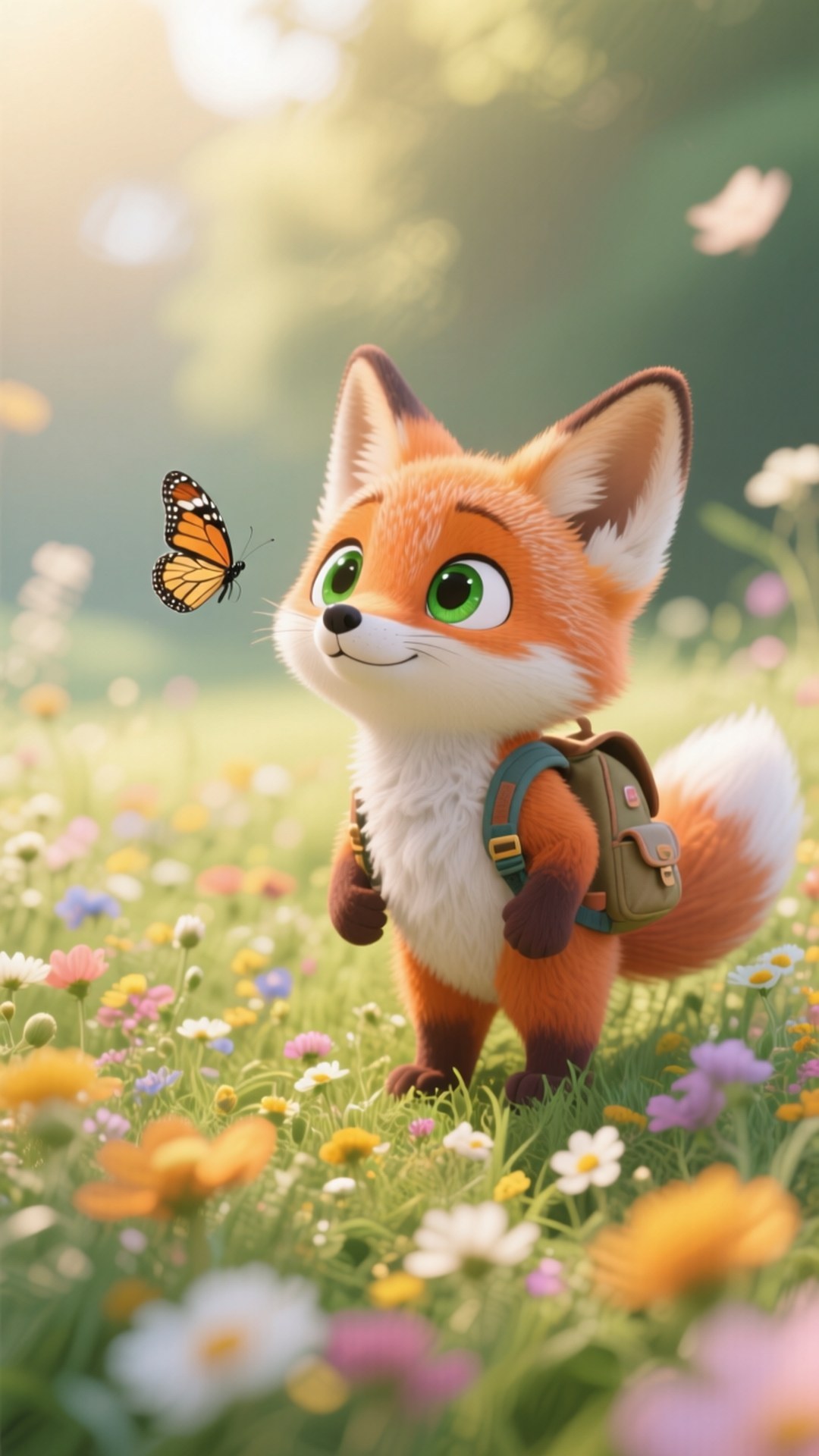 curious fox, green eyes, backpack, Full HD Phone Wallpaper
