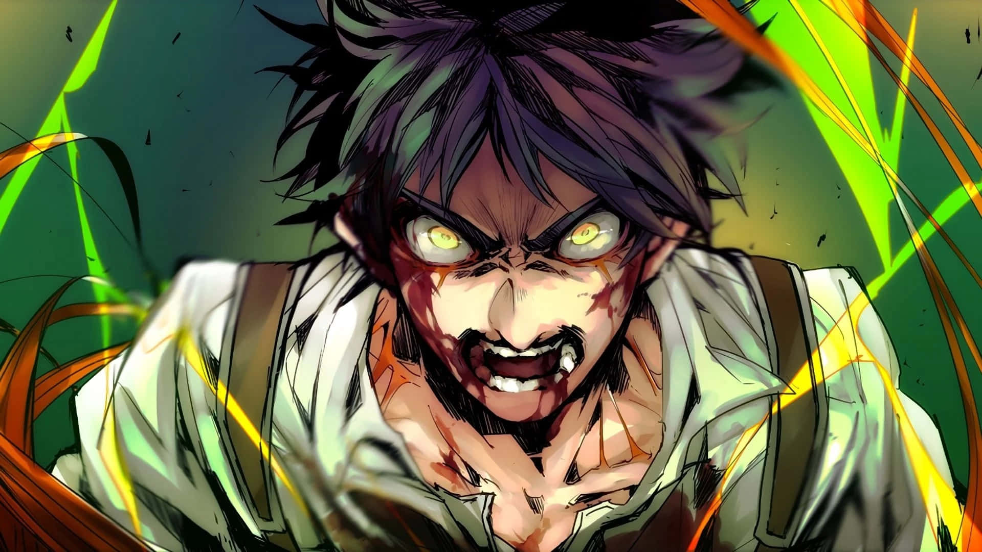 furious anime character, glowing yellow eyes, bloodied face, Full HD Desktop Wallpaper