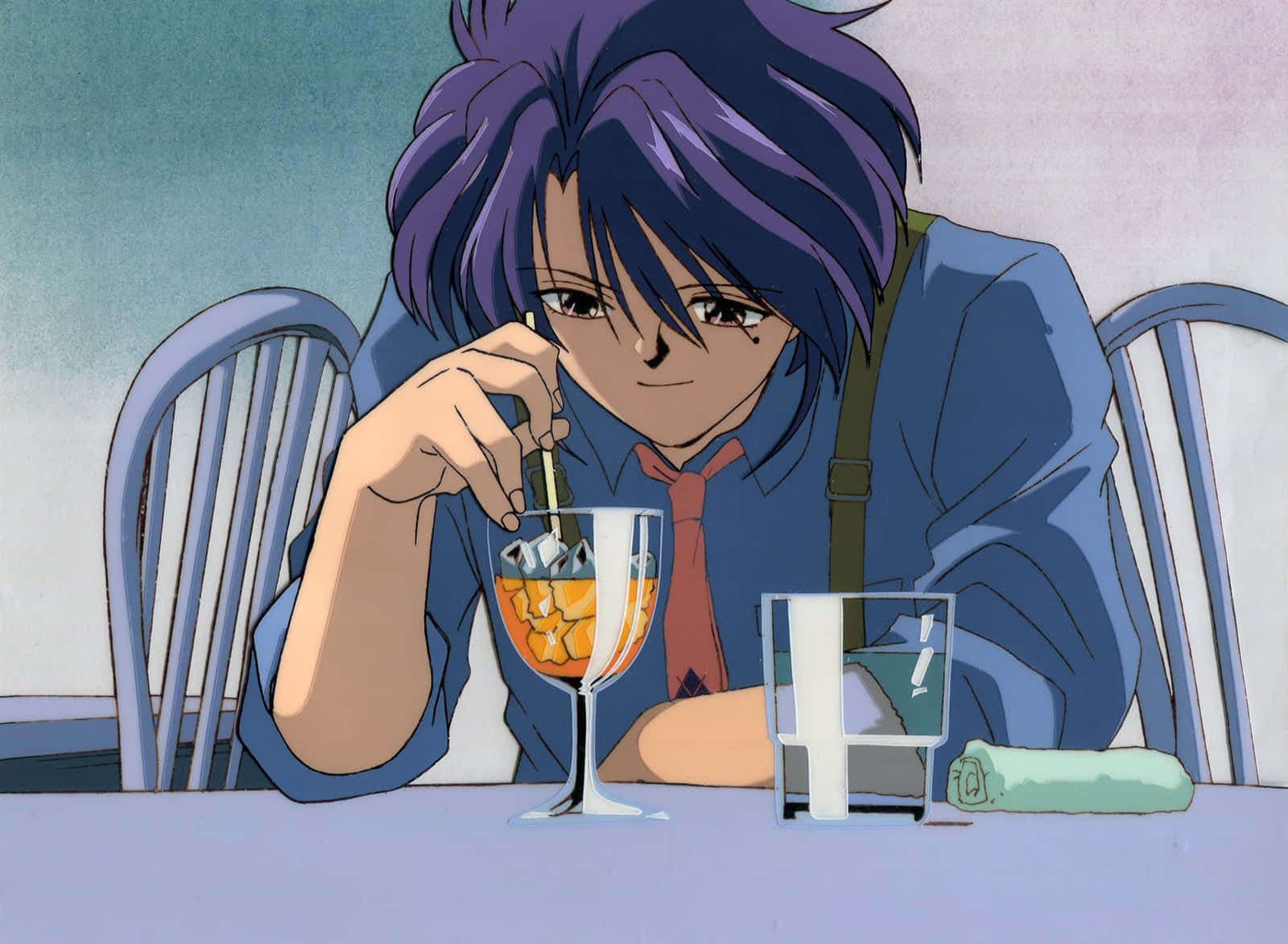Fushigi Yuugi Nuriko, purple-haired anime character, stirring a cocktail with a straw, HD Desktop Wallpaper
