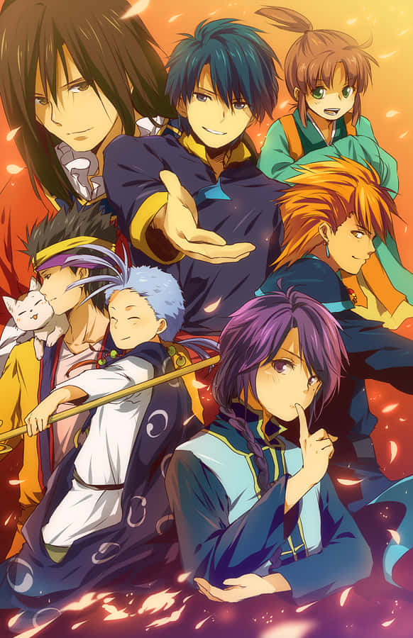 Fushigi Yuugi, group illustration, seven diverse characters, SD Phone Wallpaper