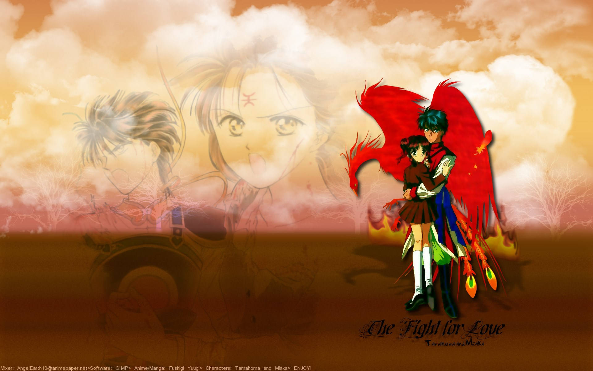 Fushigi Yuugi, red-winged anime couple, warm sunset sky, Full HD Desktop Wallpaper