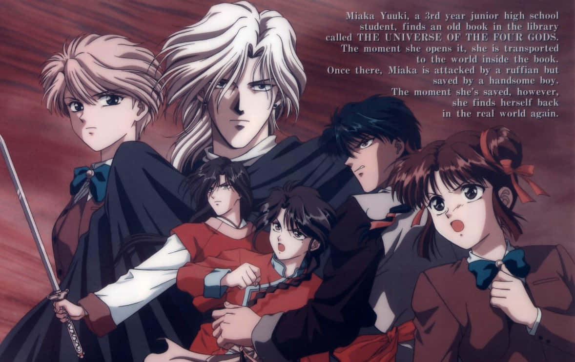 Fushigi Yuugi, group portrait, red background, SD Desktop Wallpaper