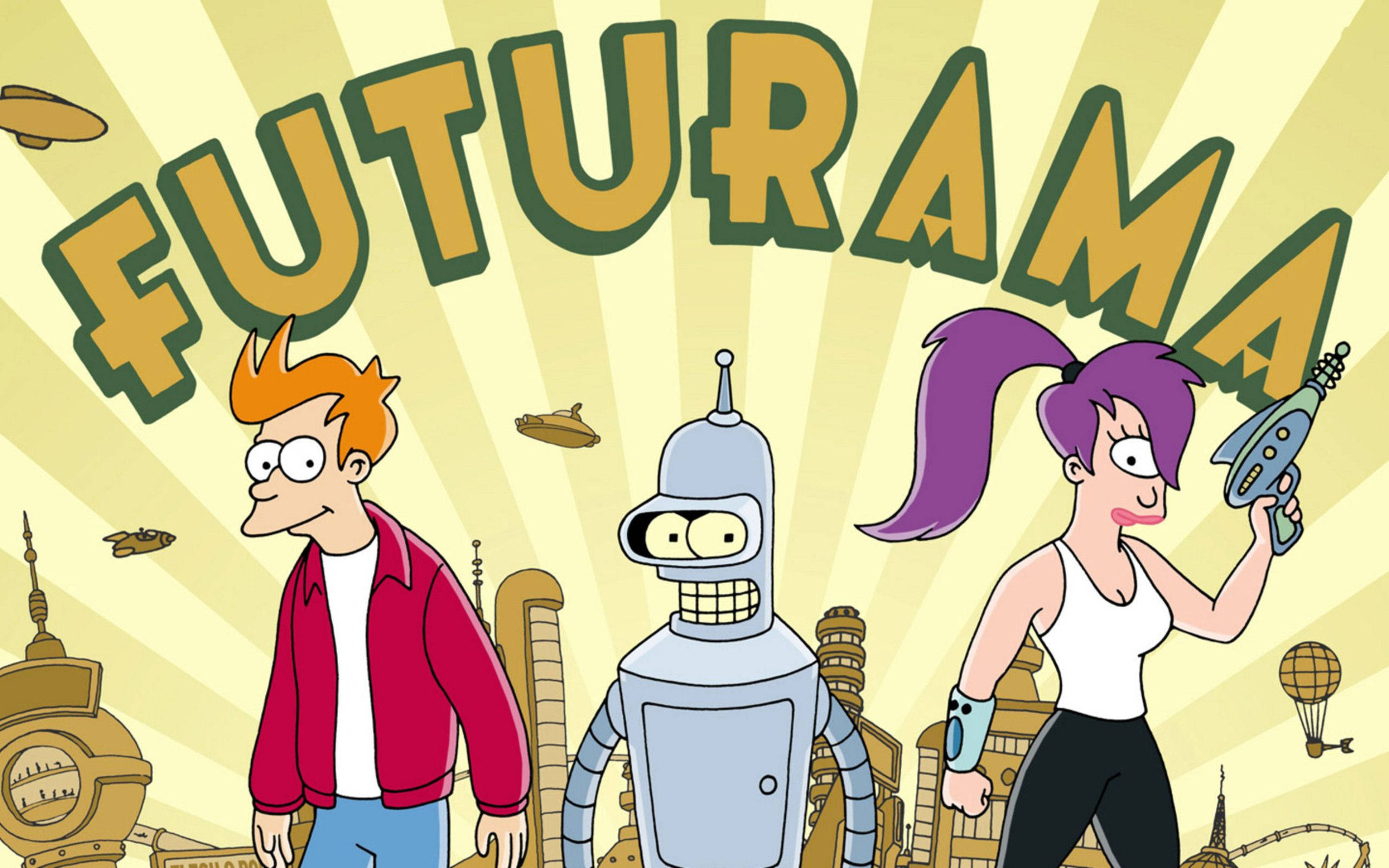 Futurama, sunburst logo, flying vehicles, 2K Desktop Wallpaper