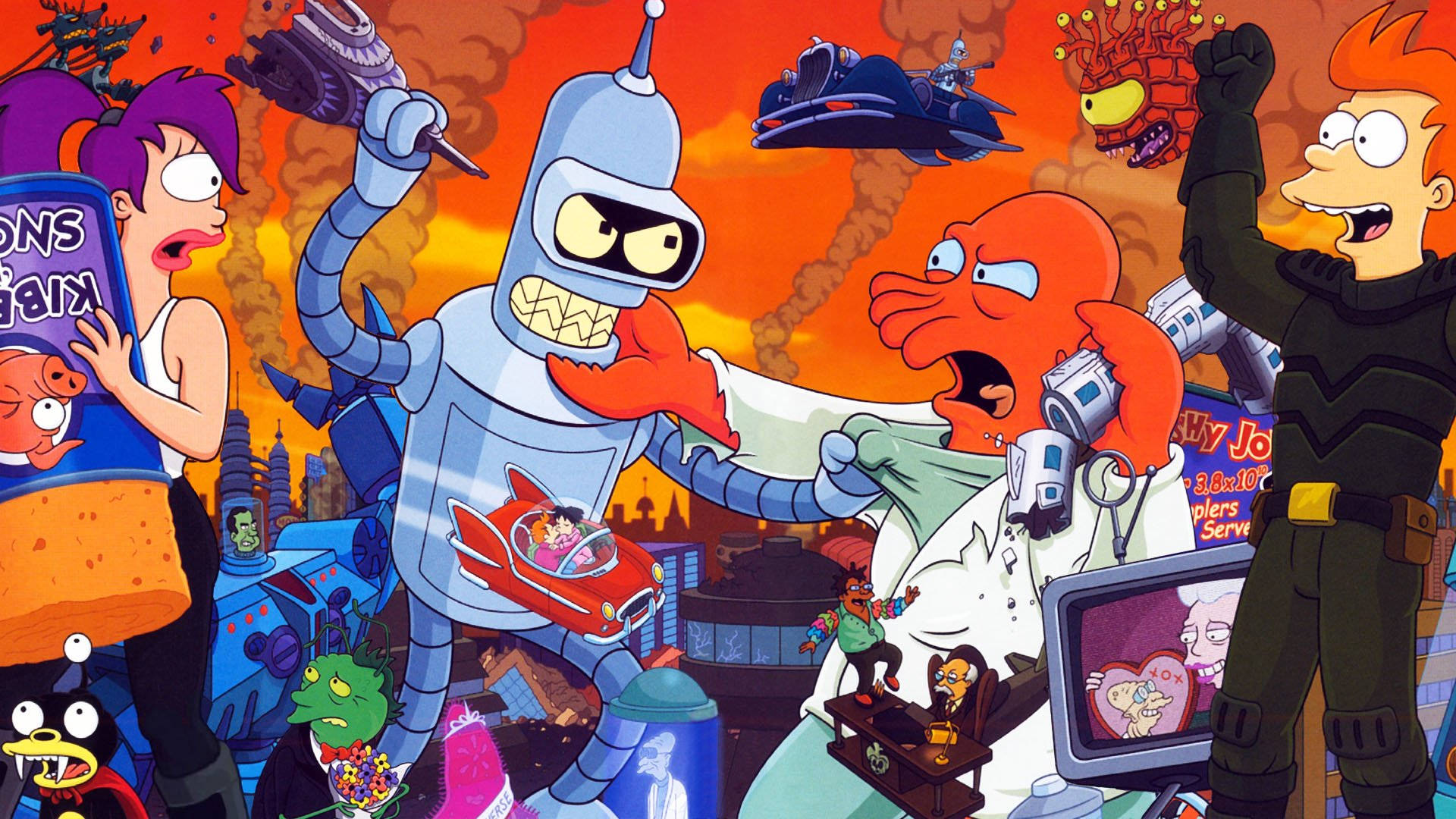 Futurama, colorful poster, fiery orange sky, Full HD Desktop Wallpaper