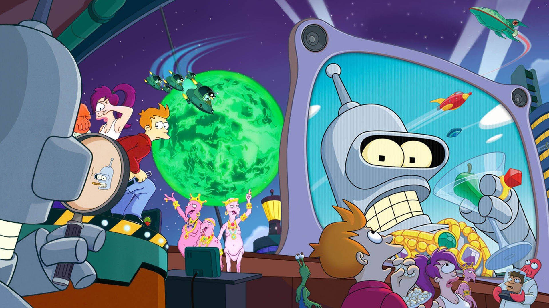 Futurama, main characters, spaceship cockpit, Full HD Desktop Wallpaper