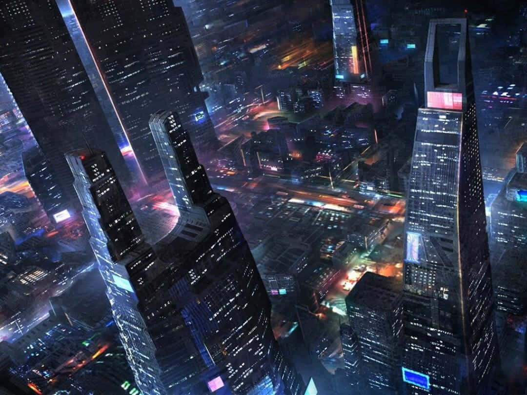 futuristic city, night, towering skyscrapers, SD Desktop Wallpaper