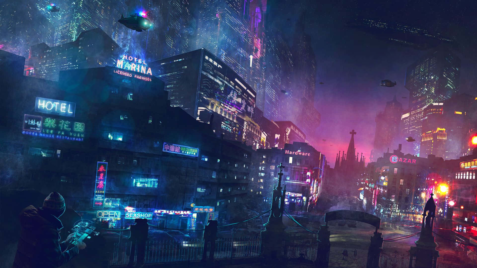 Future City, neon-drenched, cyberpunk cityscape, Full HD Desktop Wallpaper