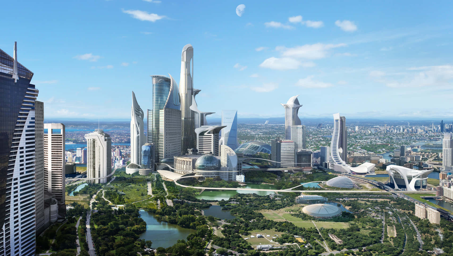 Future City, sleek glass skyscrapers, green parks, Full HD Desktop Wallpaper