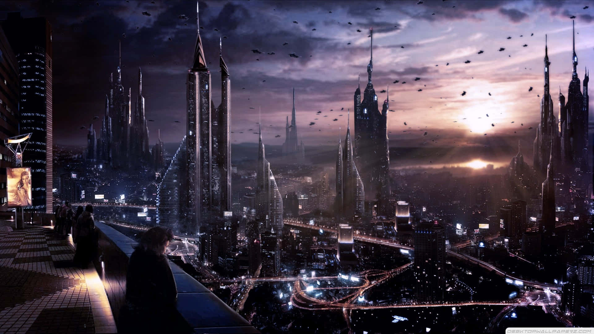 Future City, dusk, towering spires, Full HD Desktop Wallpaper