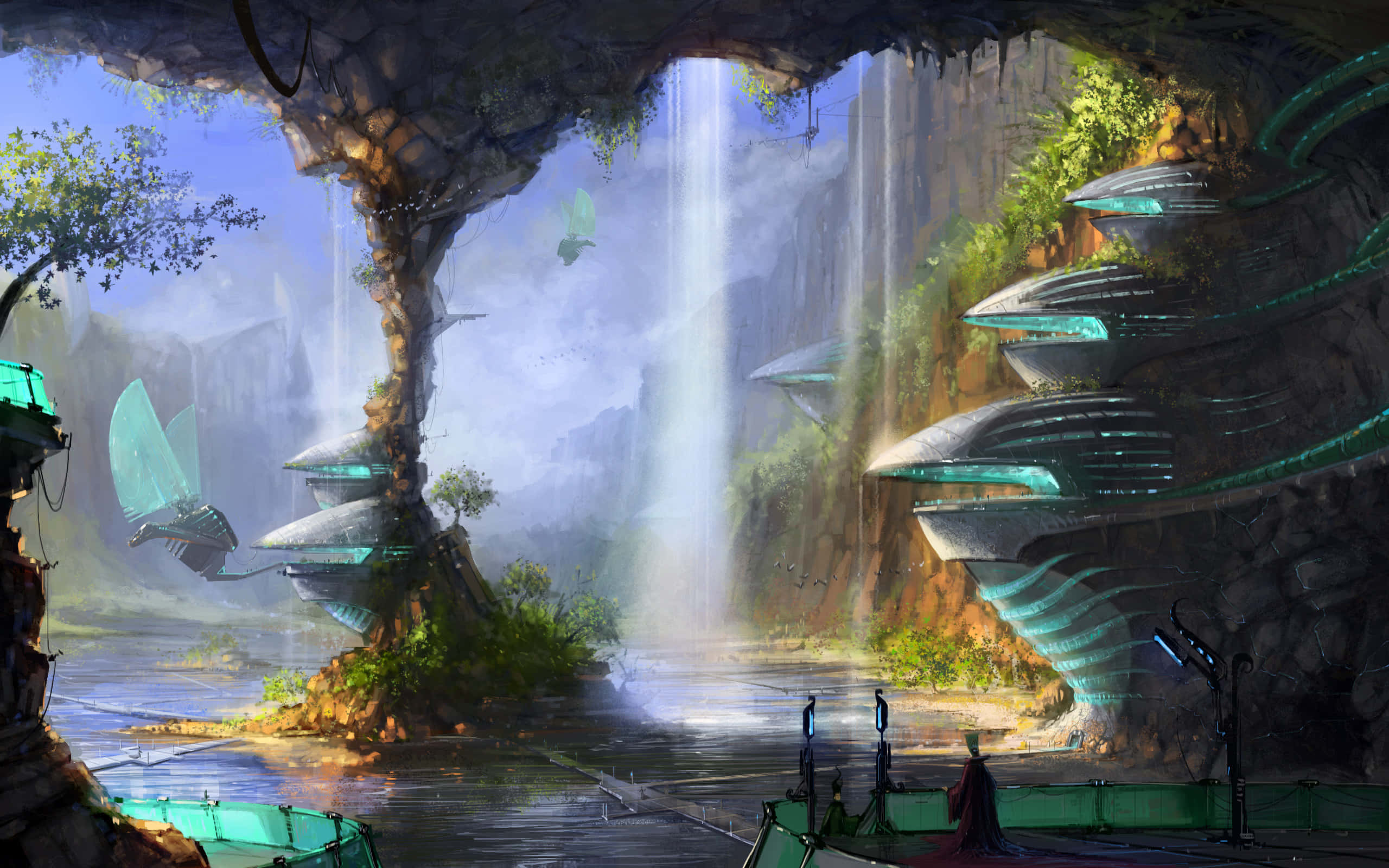Future City, glowing teal structures, waterfall, 2K Desktop Wallpaper