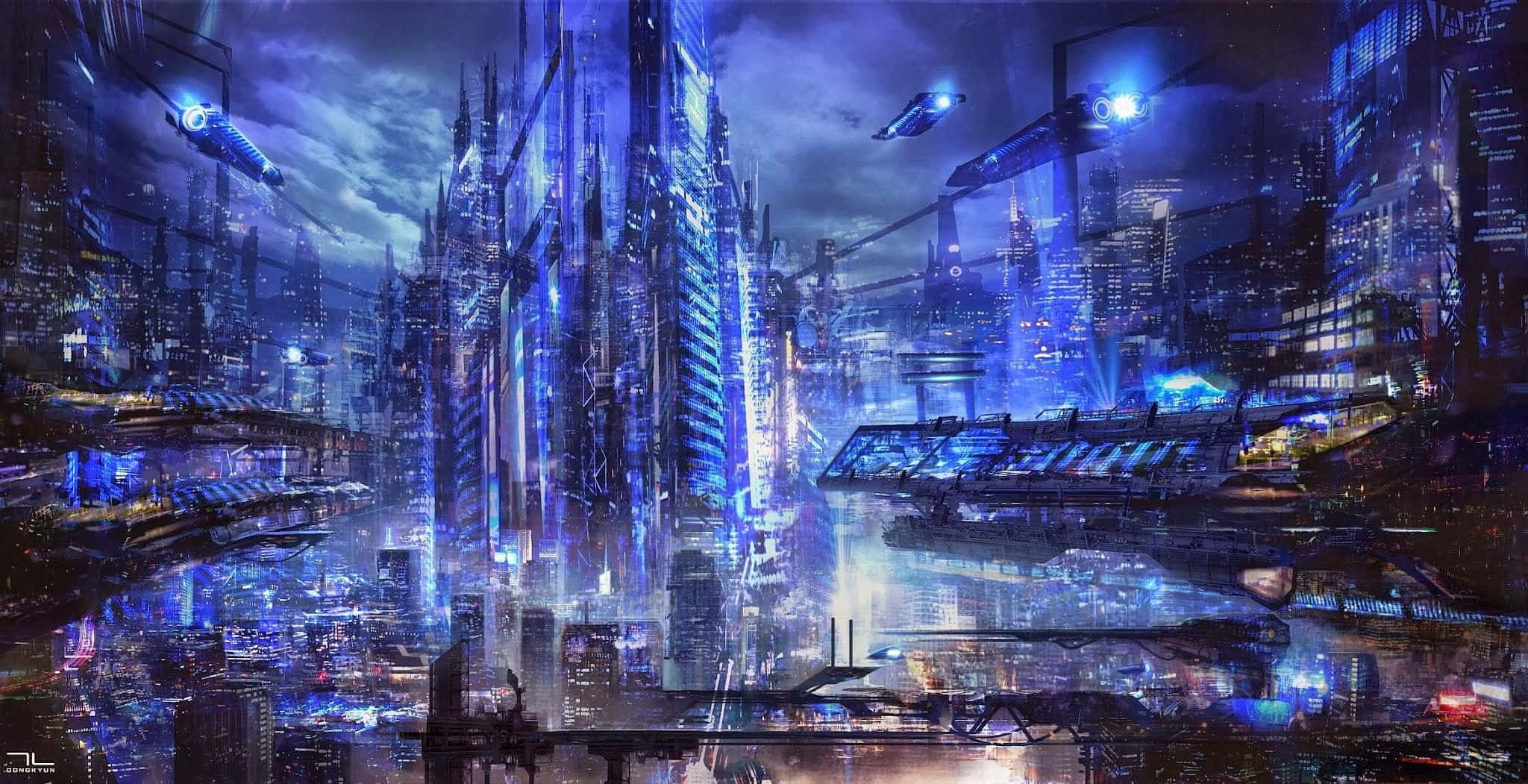 Future City, neon-lit skyscrapers, flying vehicles, Full HD Desktop Wallpaper