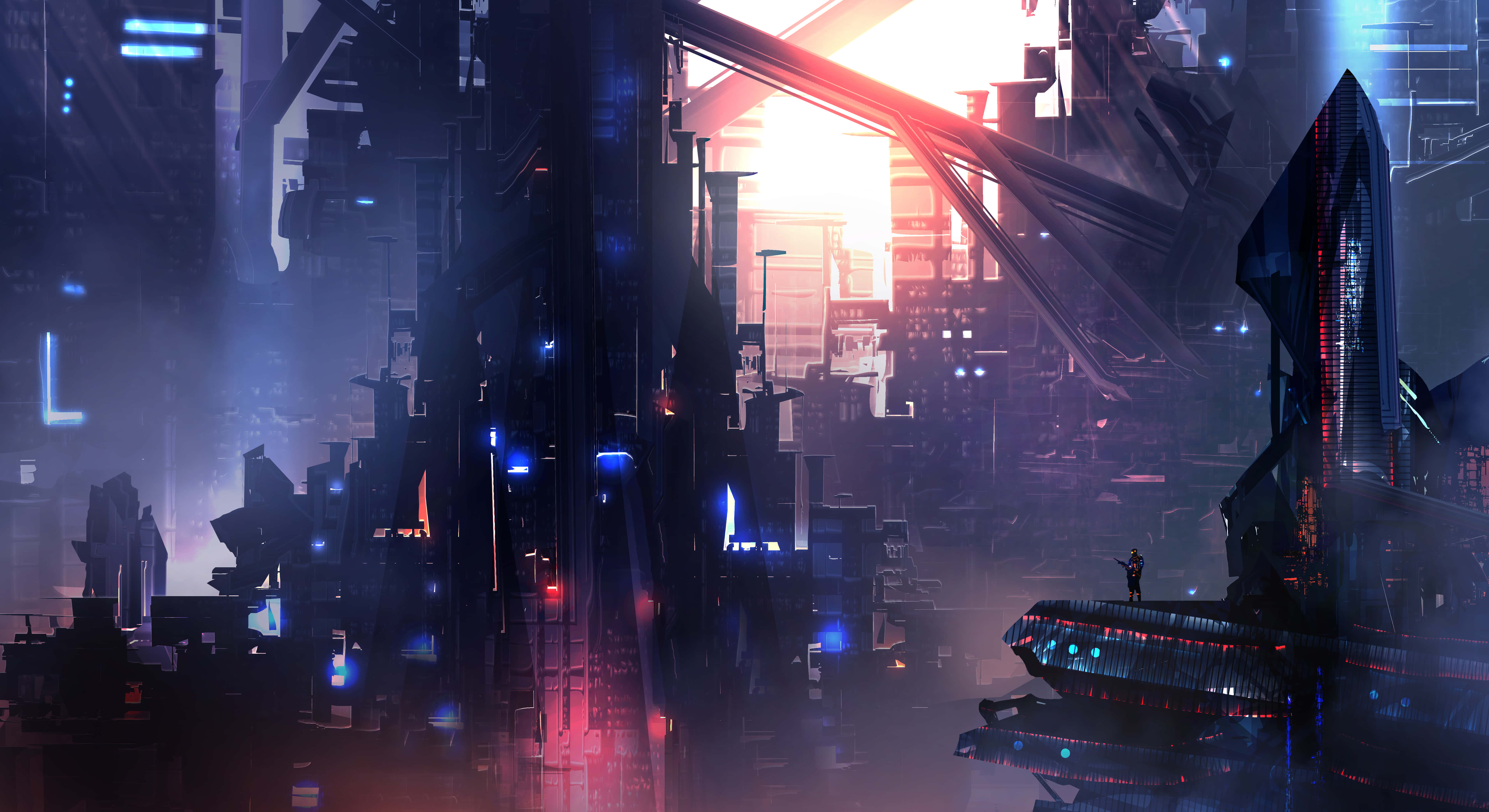Future City, neon blue, red light, 5K Desktop Wallpaper