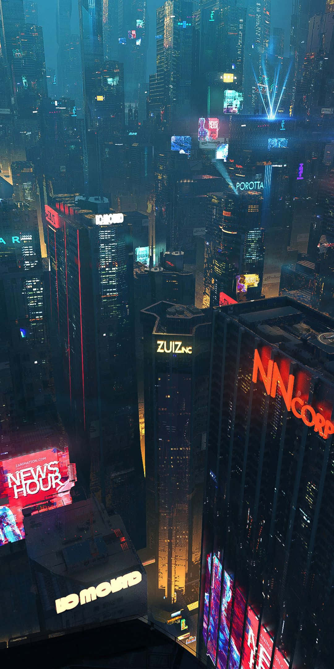futuristic cityscape, neon-lit, towering skyscrapers, Full HD Phone Wallpaper