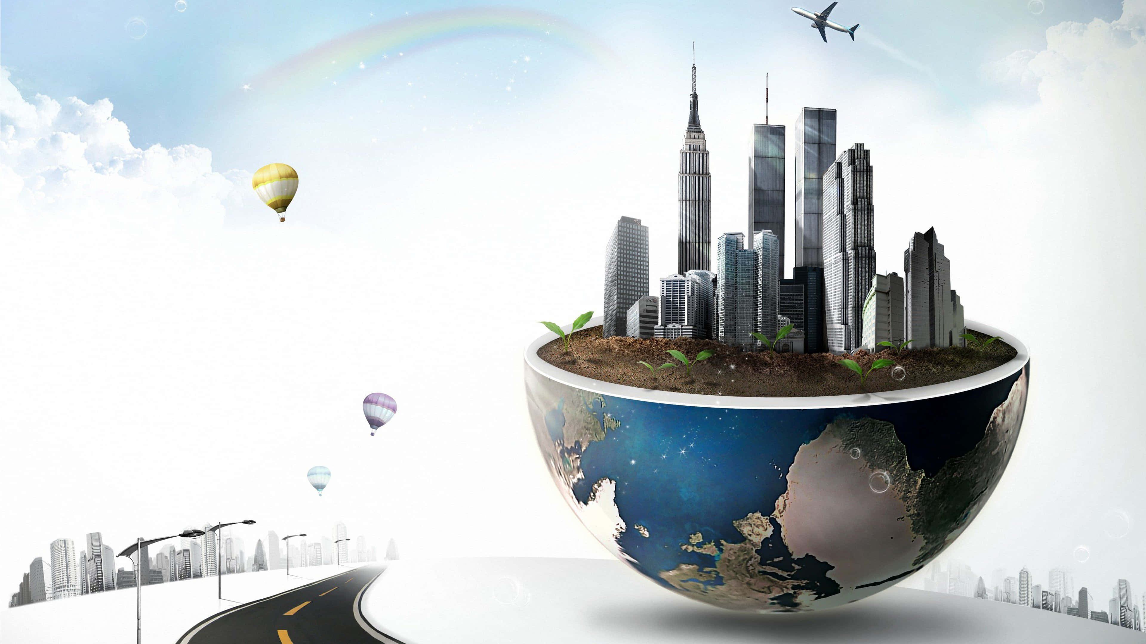 future city, globe bowl, miniature cityscape, 4K Desktop Wallpaper