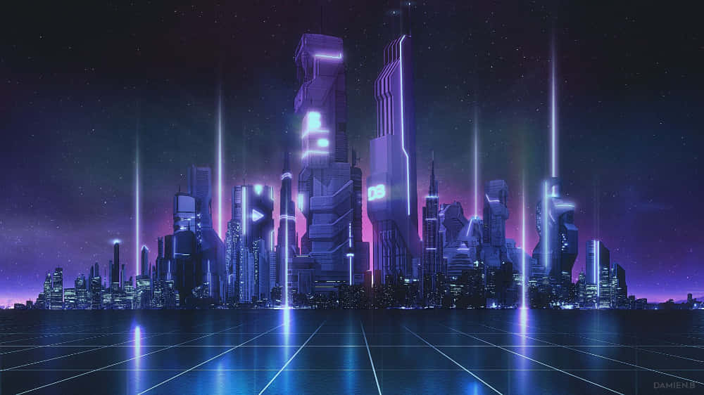 Future City, neon towers, grid-patterned water surface, SD Desktop Wallpaper