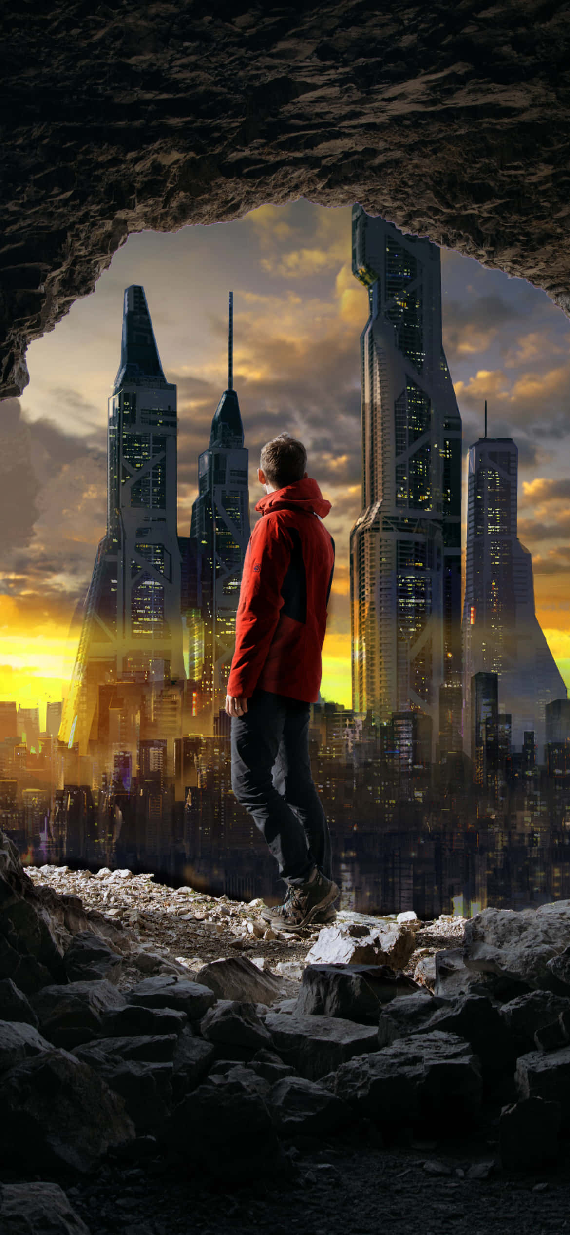 red jacket, rocky cave entrance, futuristic city skyline, Full HD Phone Wallpaper