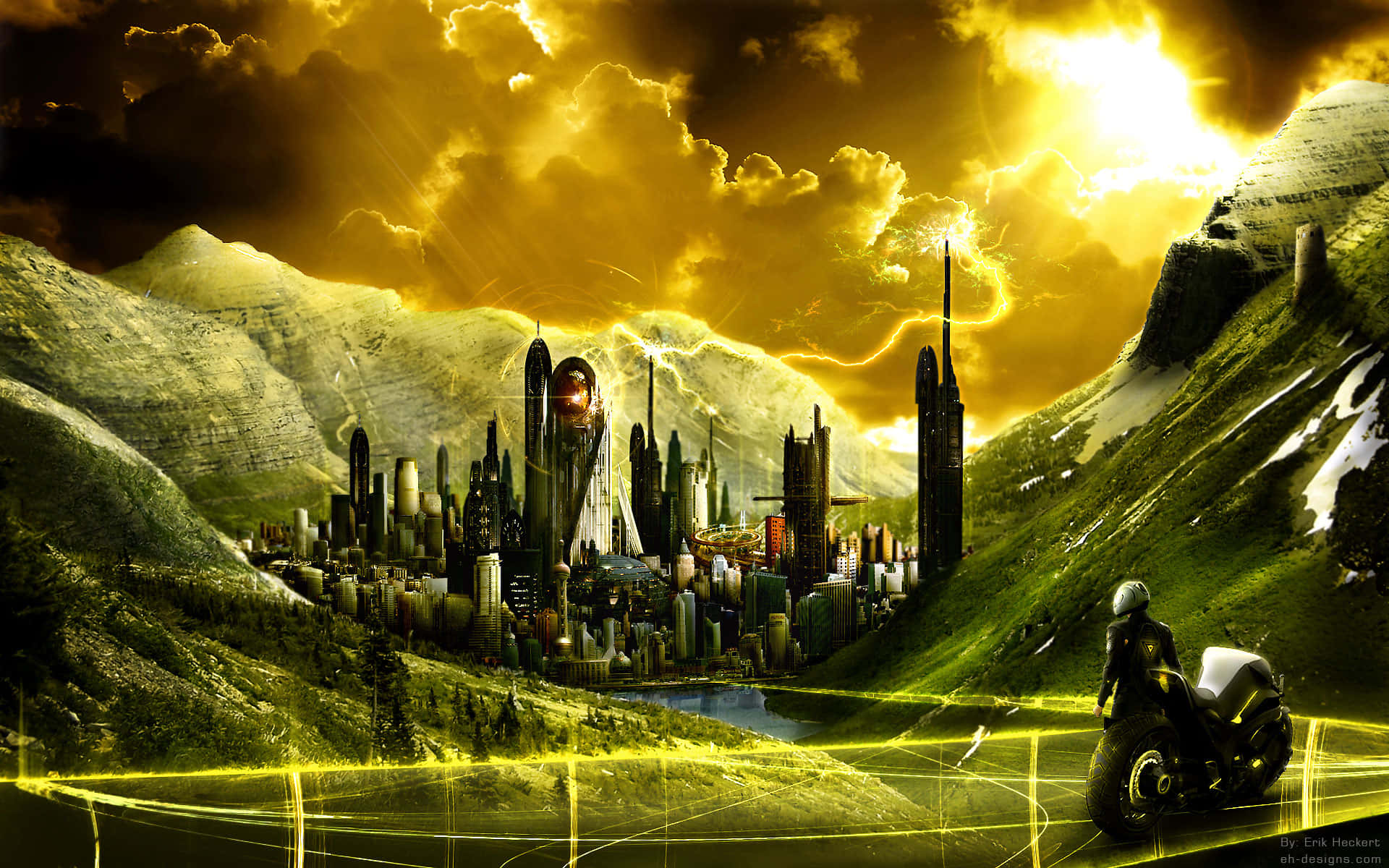 Future City, futuristic skyline, glowing golden mountains, Full HD Desktop Wallpaper
