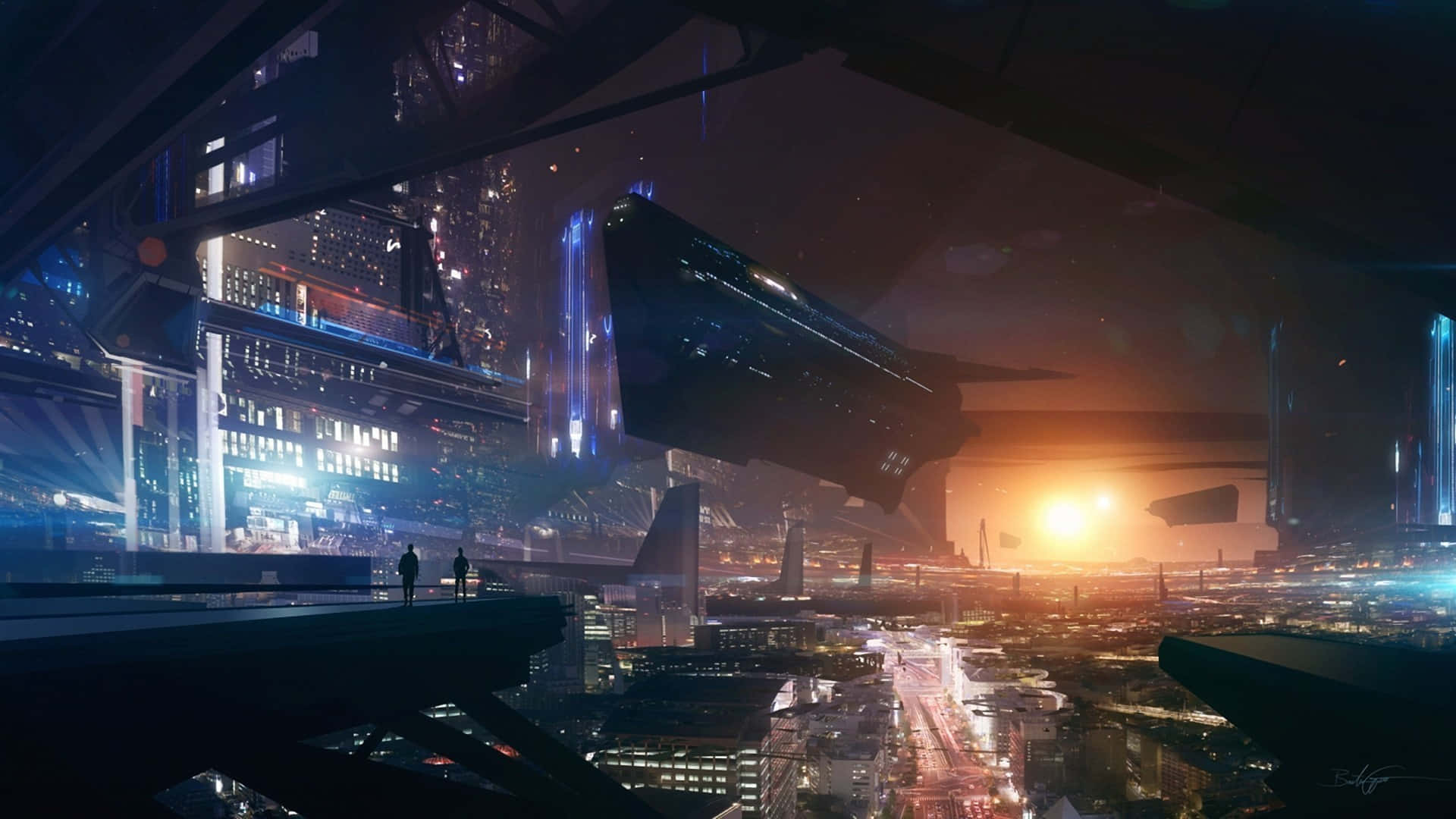 futuristic city, sunset, flying vehicles, Full HD Desktop Wallpaper