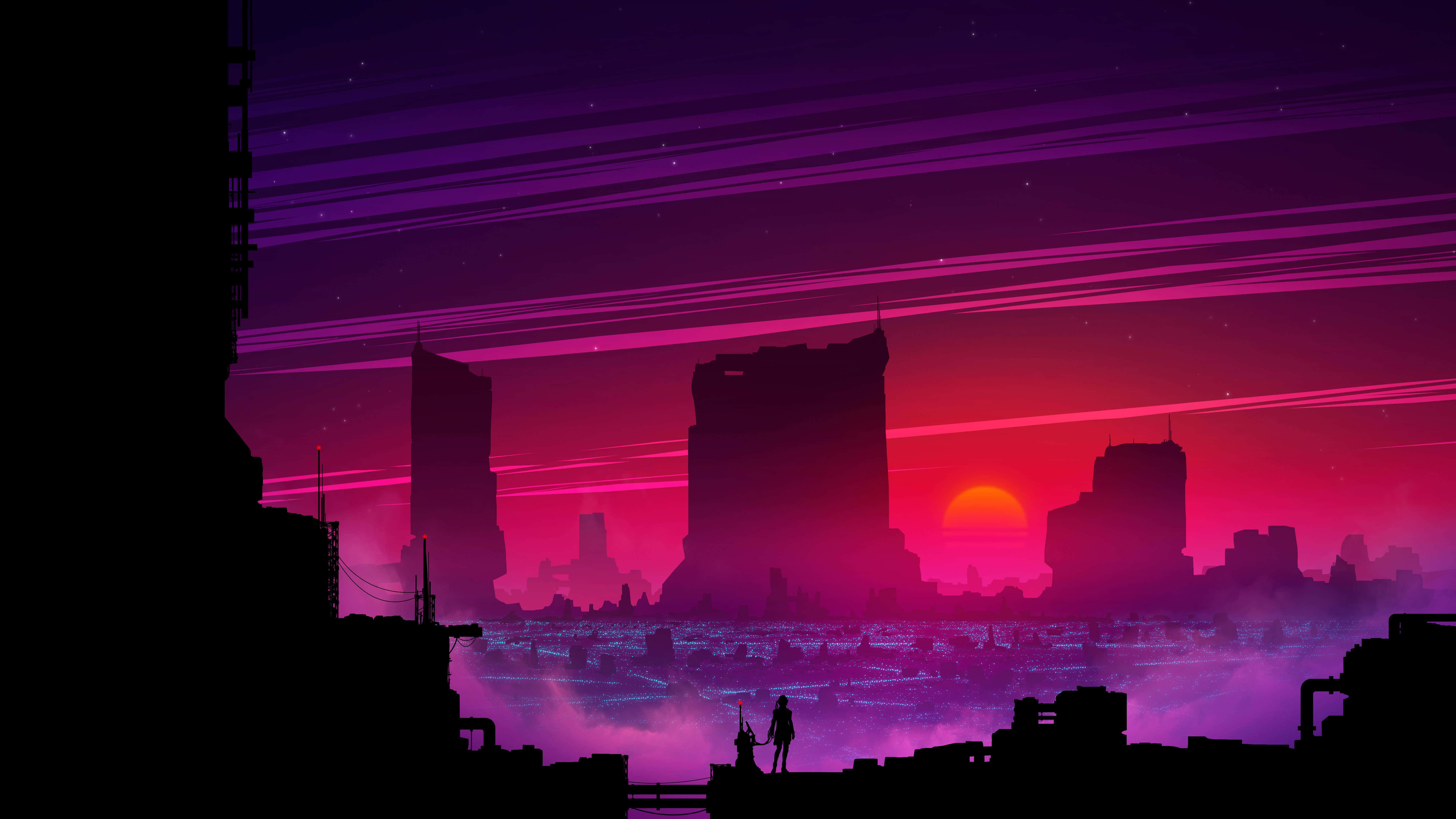 Future City, sunset, neon pink and purple skies, 5K Desktop Wallpaper