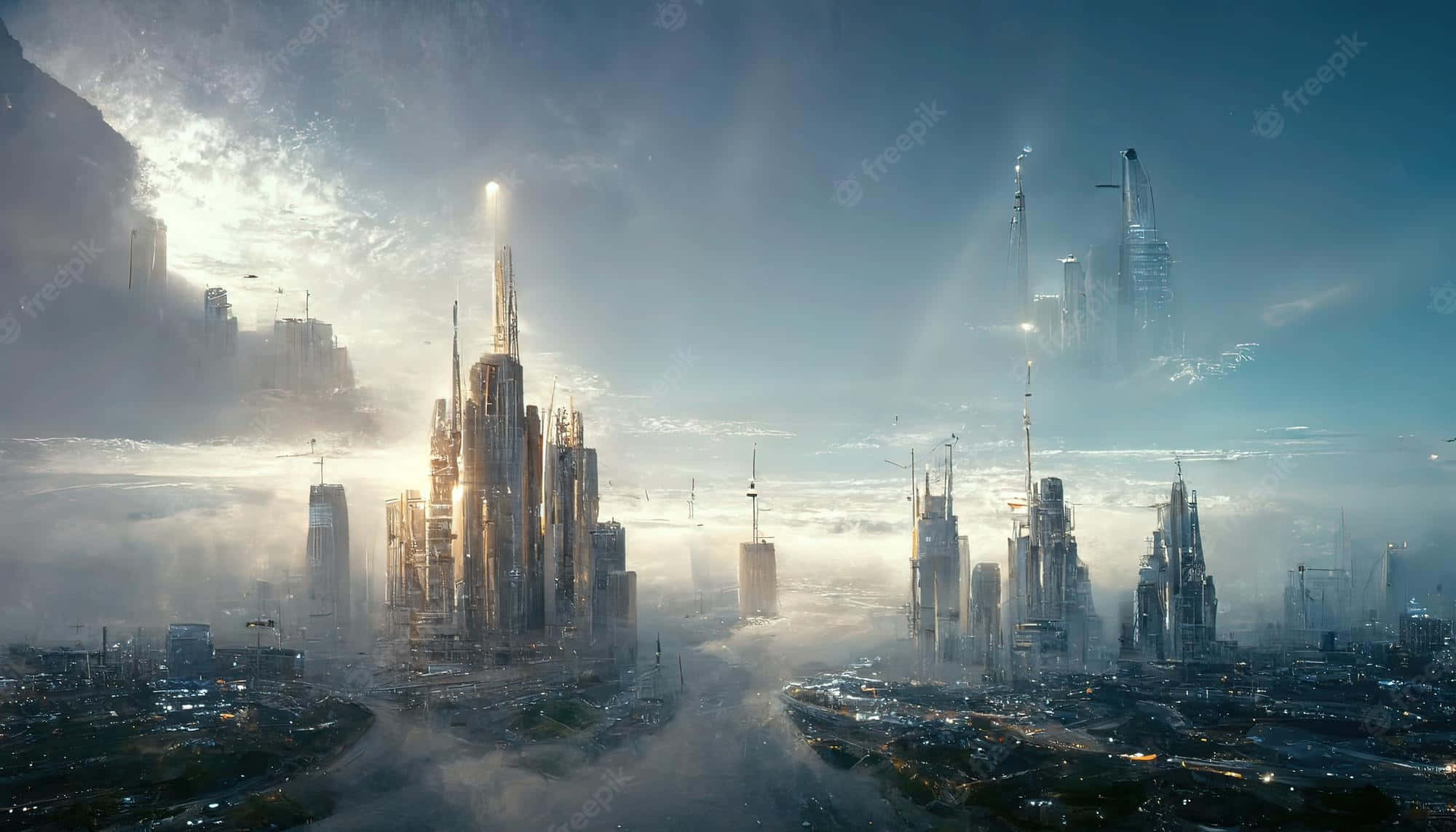 Future City 2000, skyscrapers, misty clouds, Full HD Desktop Wallpaper