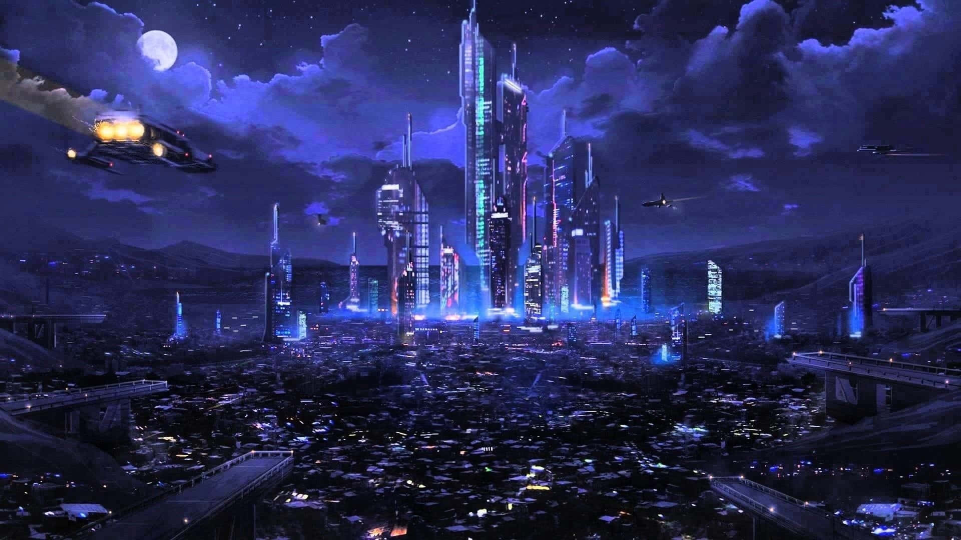 Future City, night, glowing skyscrapers, Full HD Desktop Wallpaper
